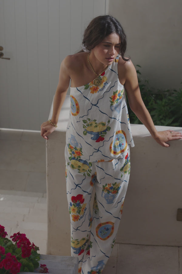 White Trattoria Print One Shoulder Tie Giuliana Top