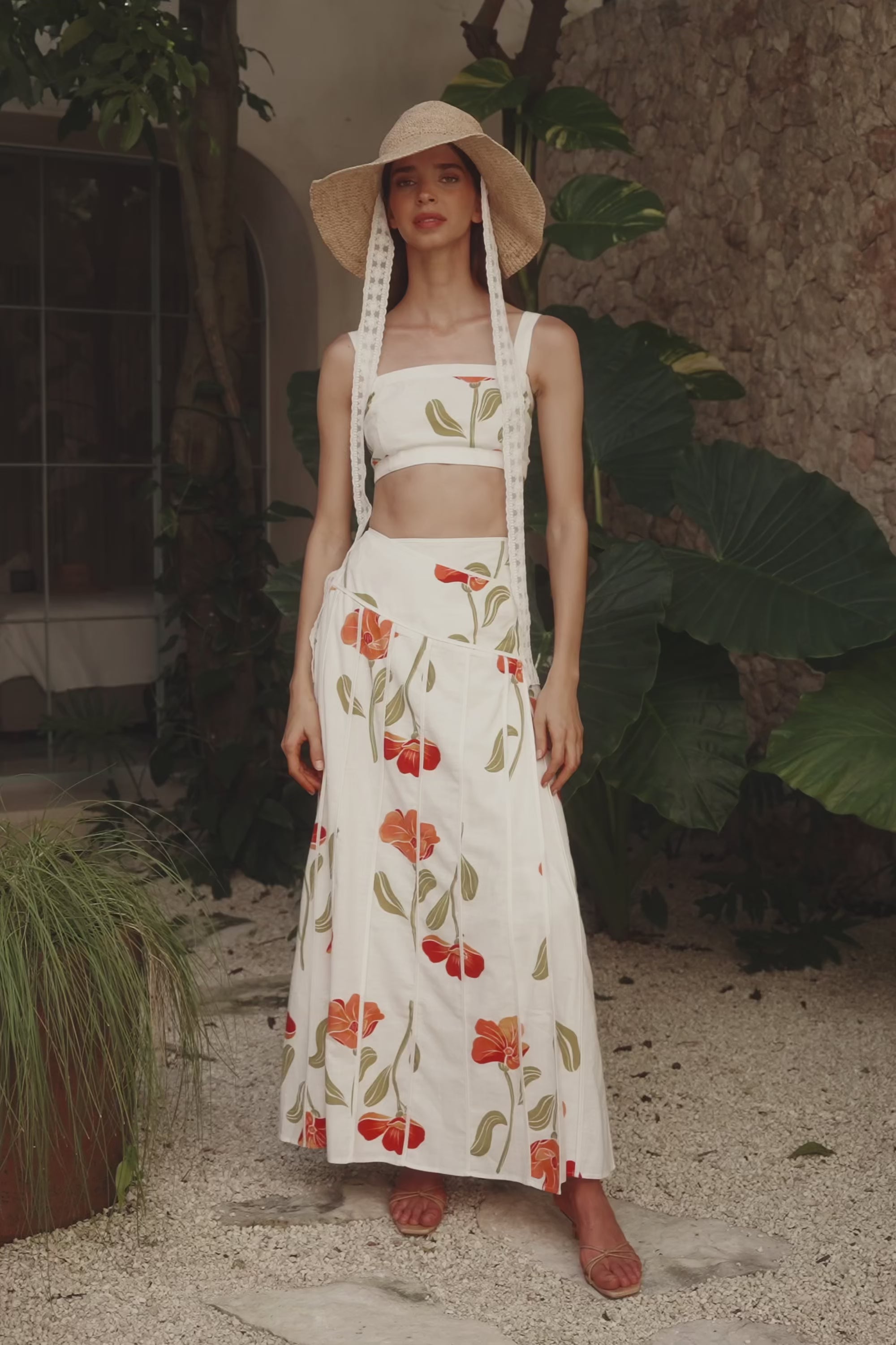 Estelle Crop Top - Red, Green, White, Orange Poppy Print