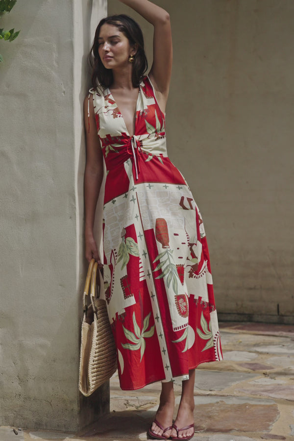 Red Palma Vista Print V Neck Maxi Mira Dress