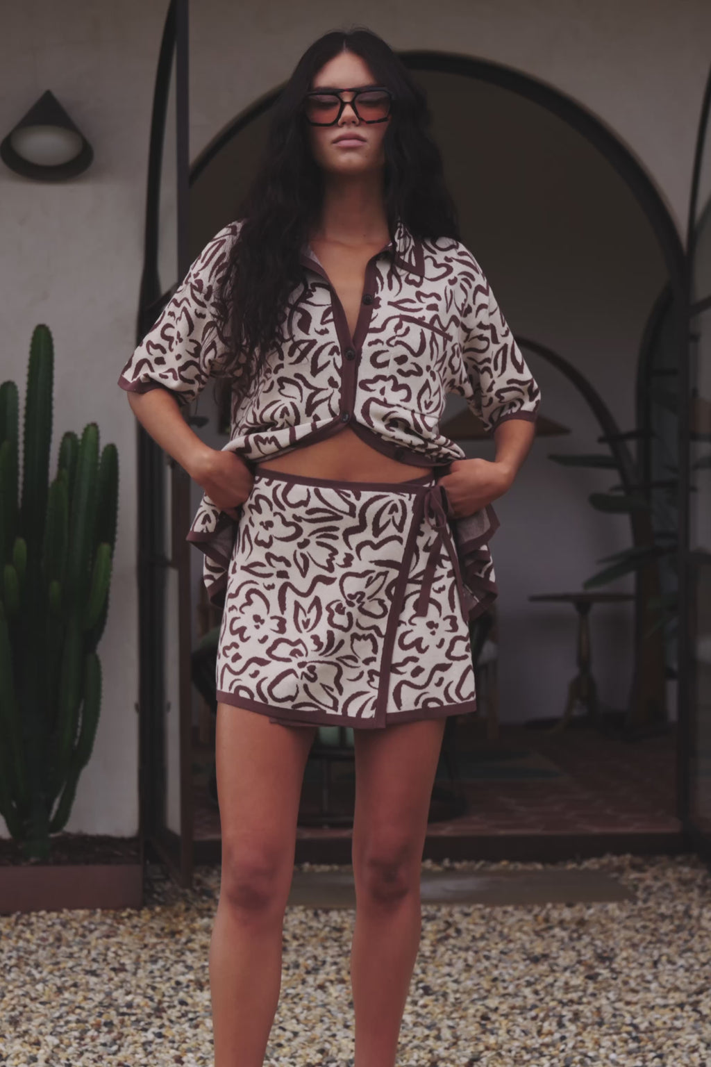 Cream And Brown Floral Wrap Mini Sarai Skirt