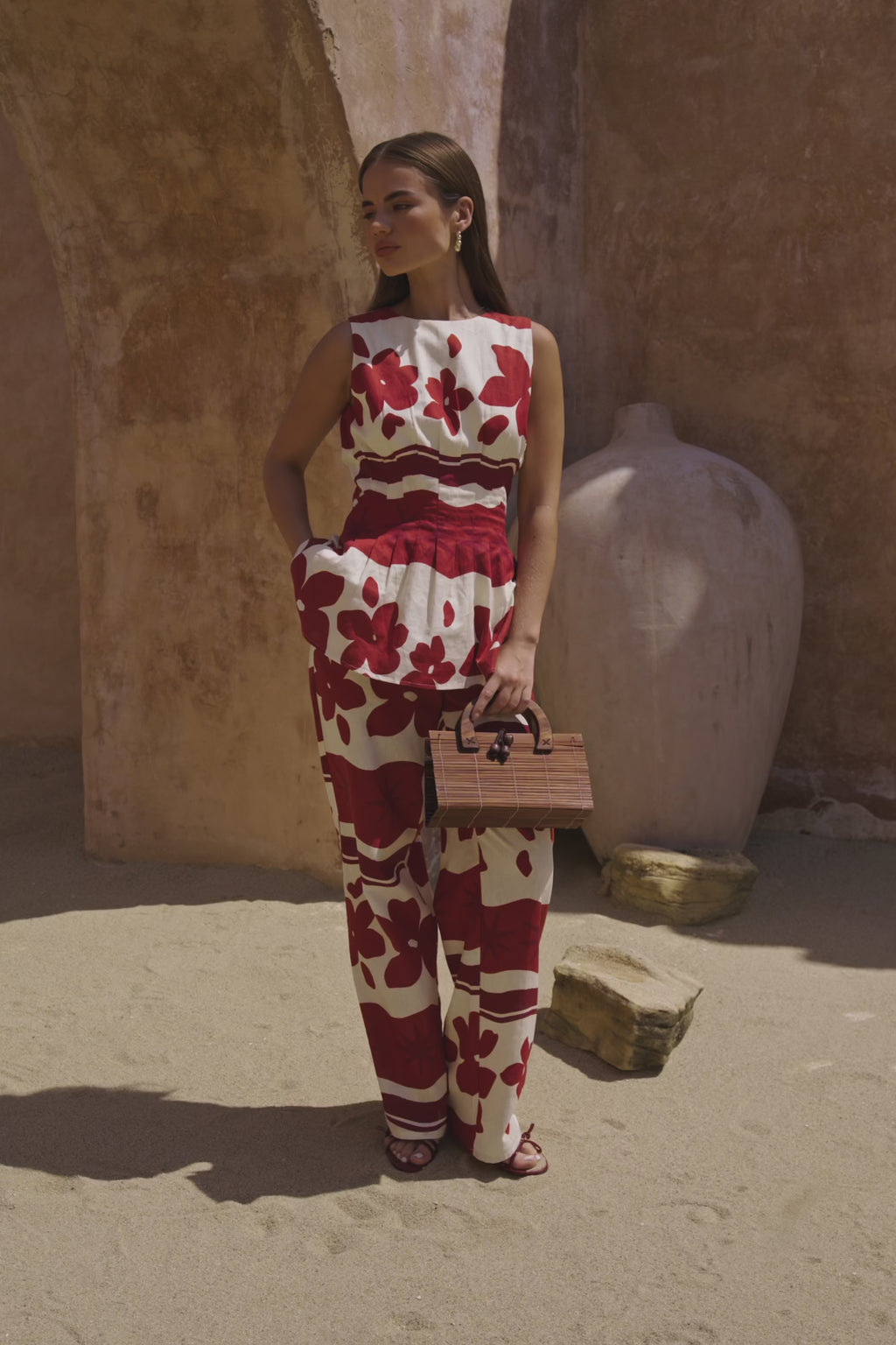 Red Sienna Sunset Print Pleated Del Mar Top