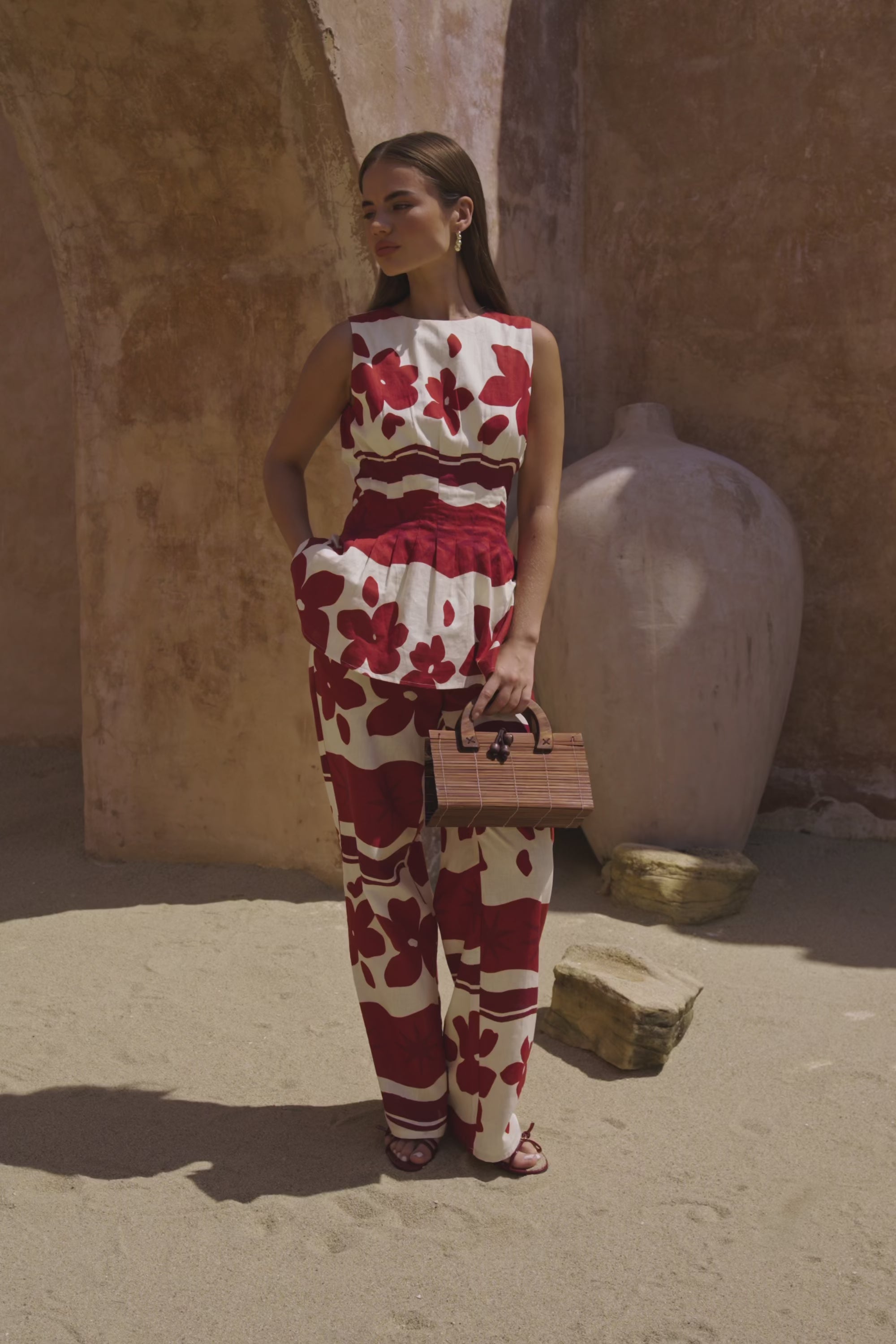 Red Sienna Sunset Print Pleated Del Mar Top