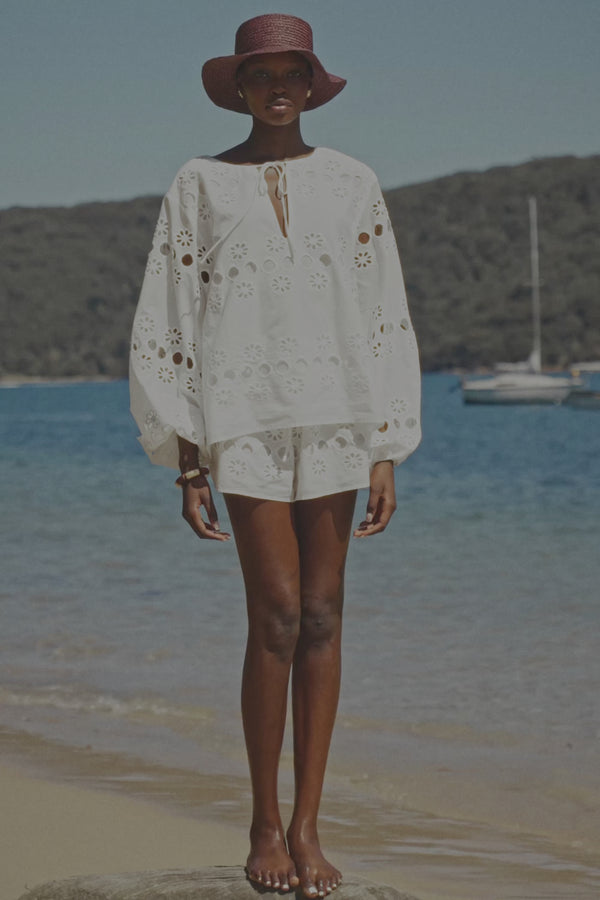 White Embroidered Drawstring Paras Shorts