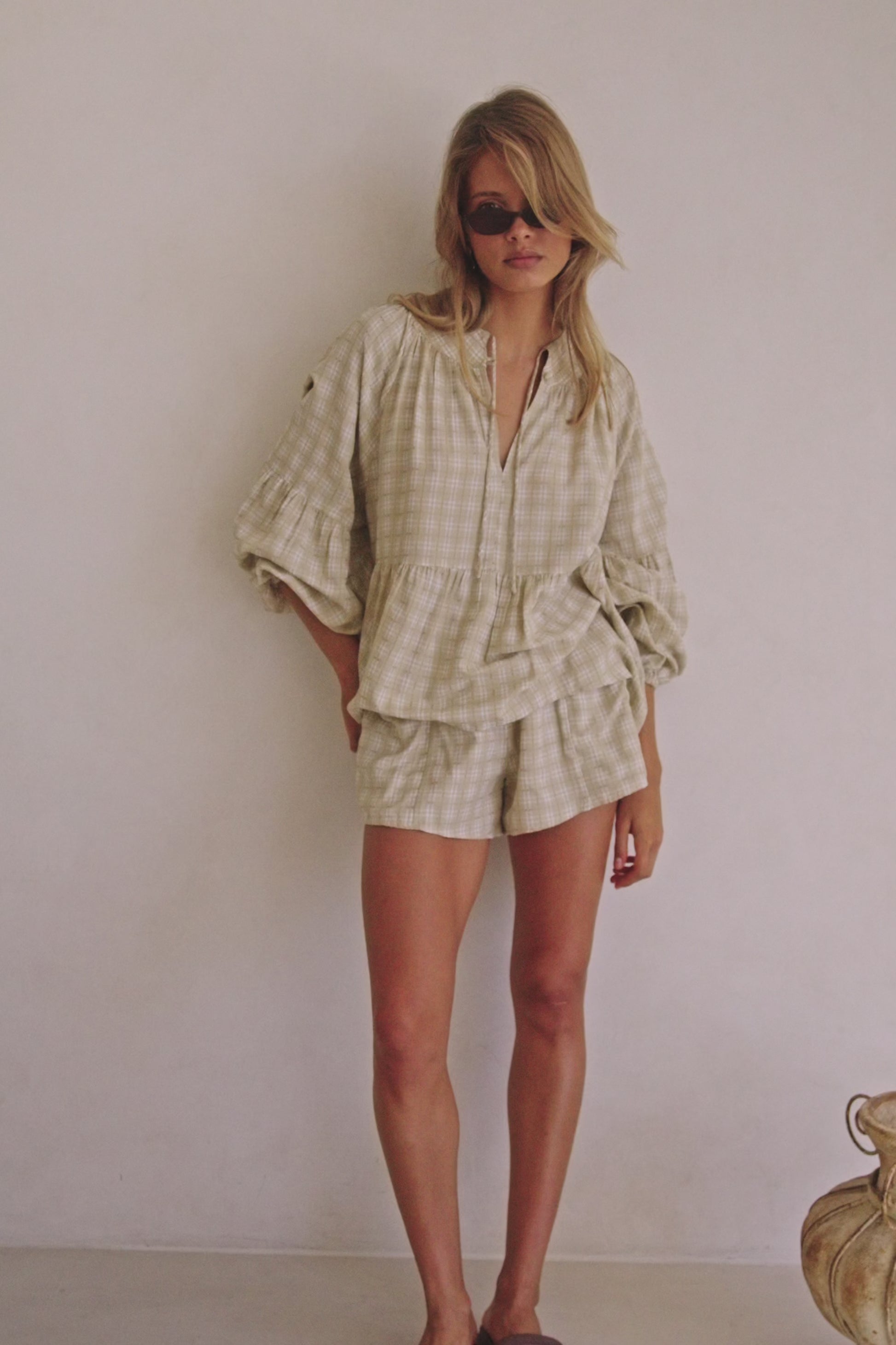 Khaki Gingham Flouncy Puff Sleeve Rylia Top