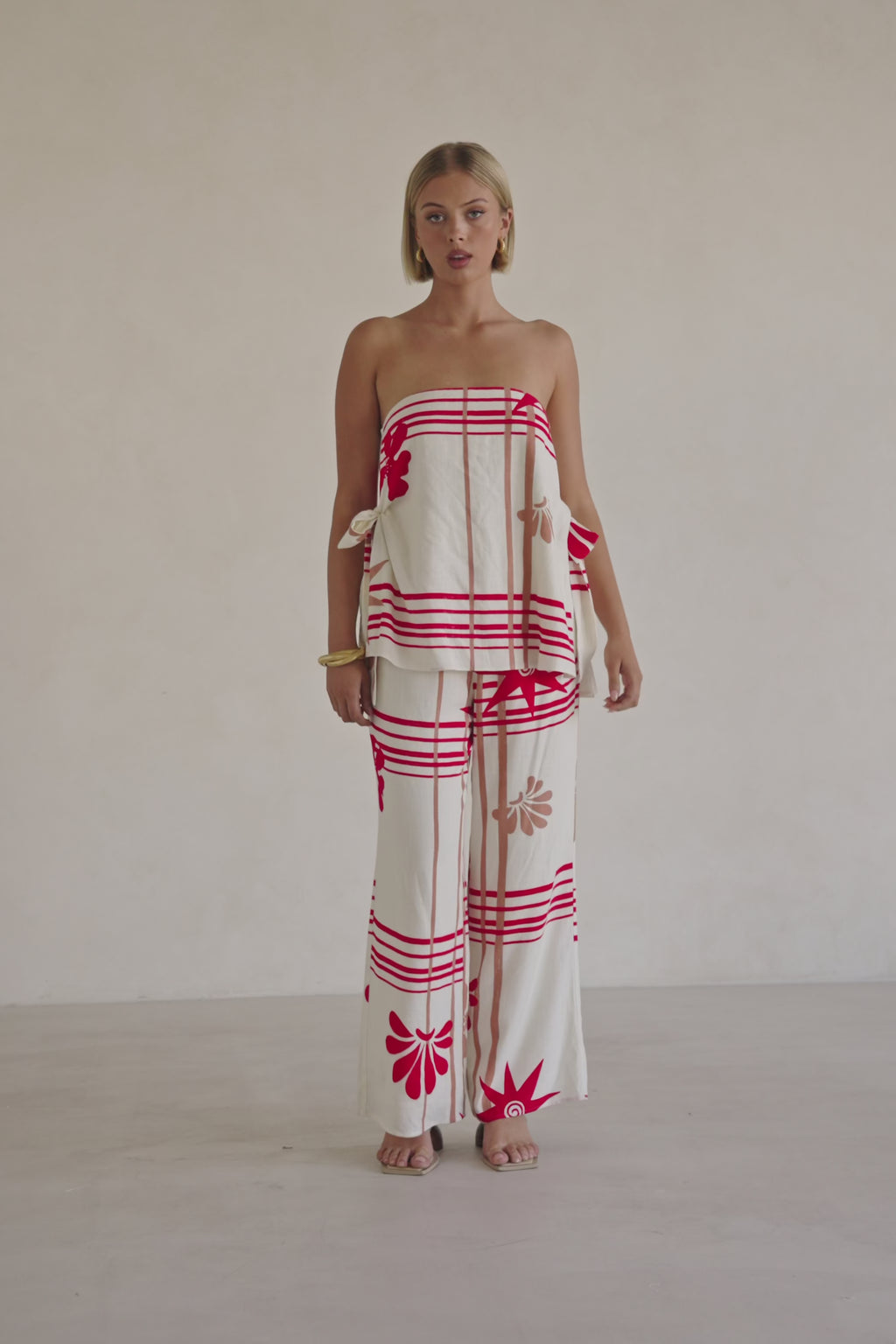 Cream Moana Red Print Elastic Drawstring Aspyn Pants