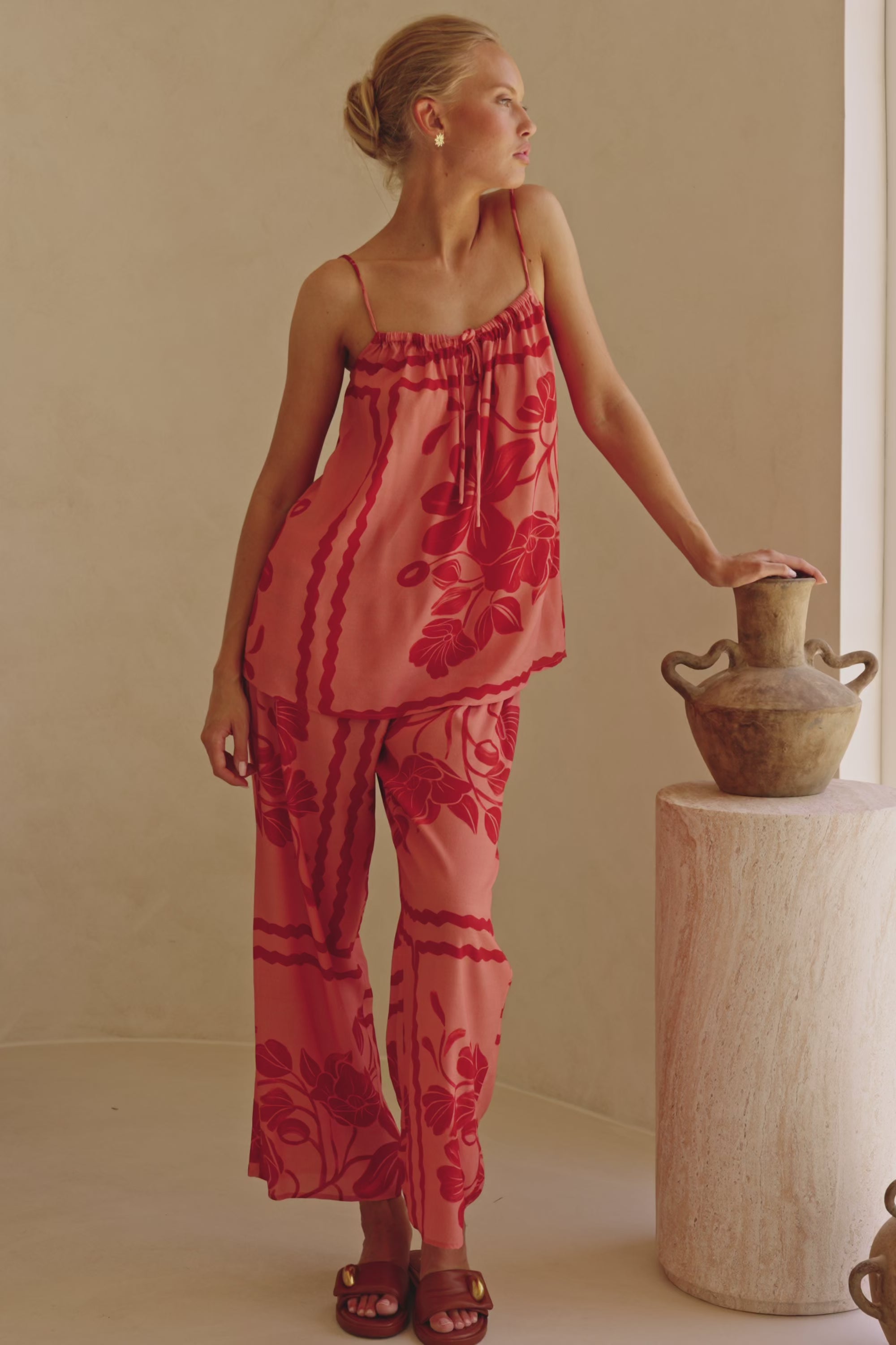 Alani Elasticated Tie Pants - Fiore Postcard Print in Coral Pink and Red