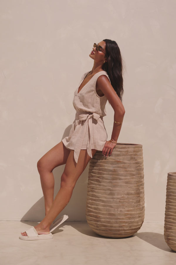 Tan V Neckline Wrap Sandy Playsuit
