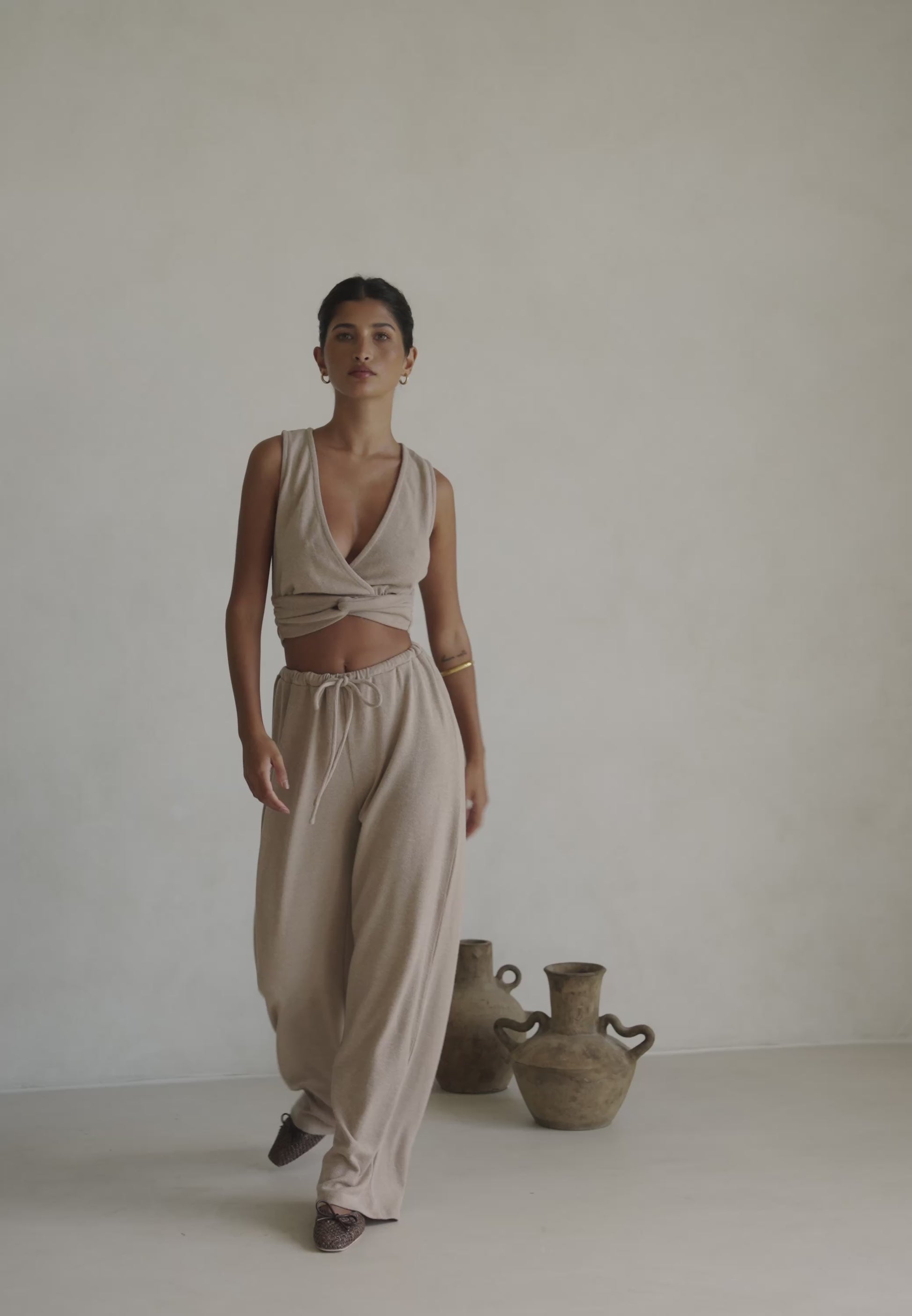 Tan Plunge V Neck Cutout Wrap Crop Sierra Top