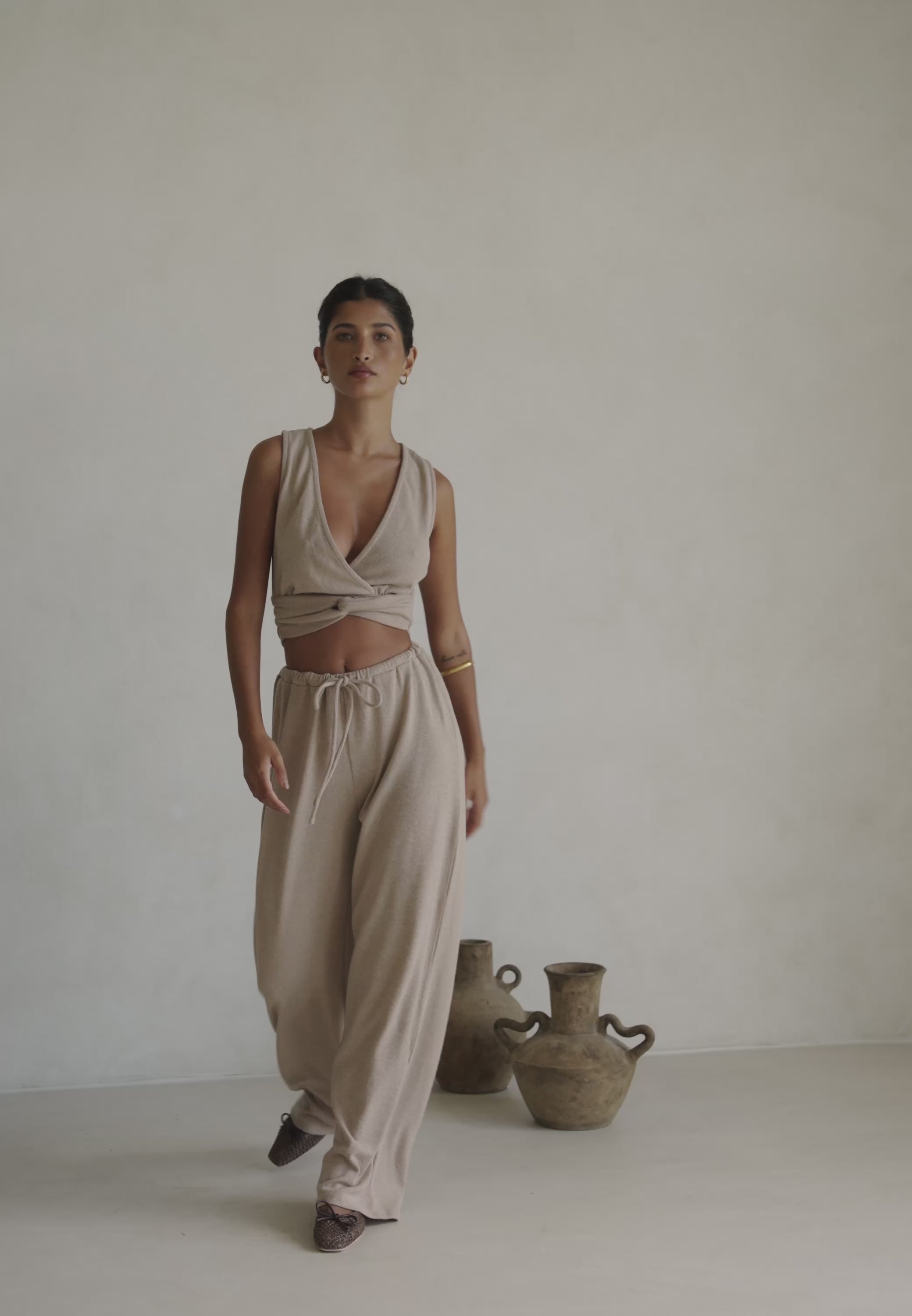 Tan Plunge V Neck Cutout Wrap Crop Sierra Top