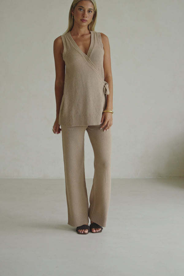 Brown Knit High Waist Elastic Della Pants