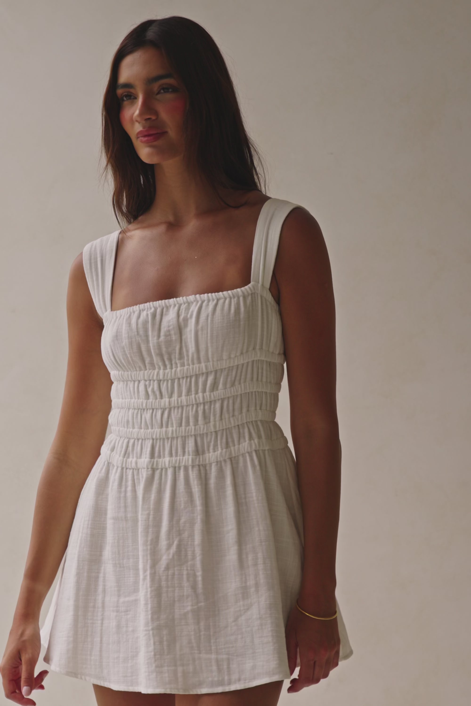 Bessi Thick Strap Elasticated Ruched Mini Dress - White