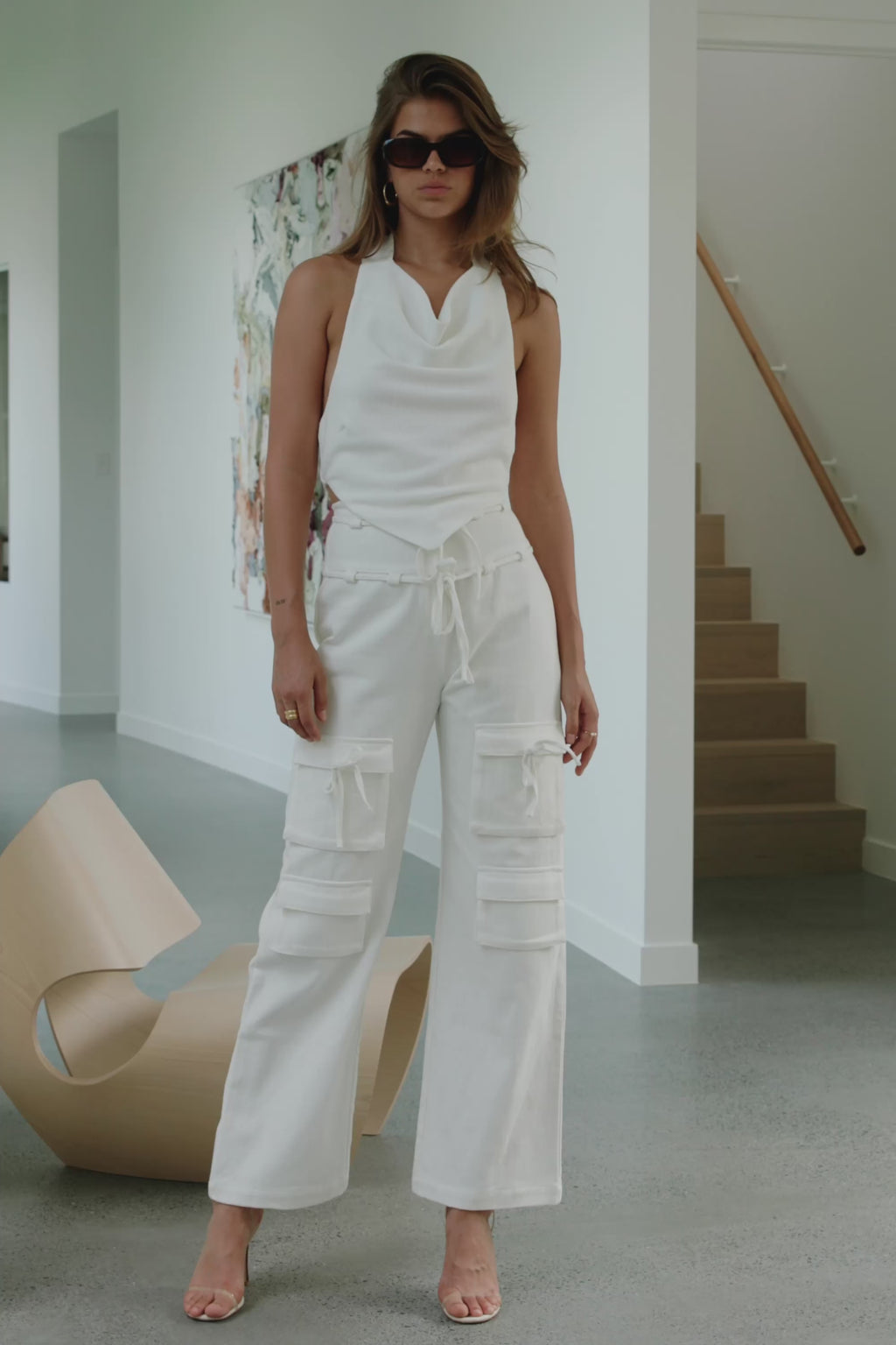 White High Waist Cargo Pocket Tie Jaicee Pants
