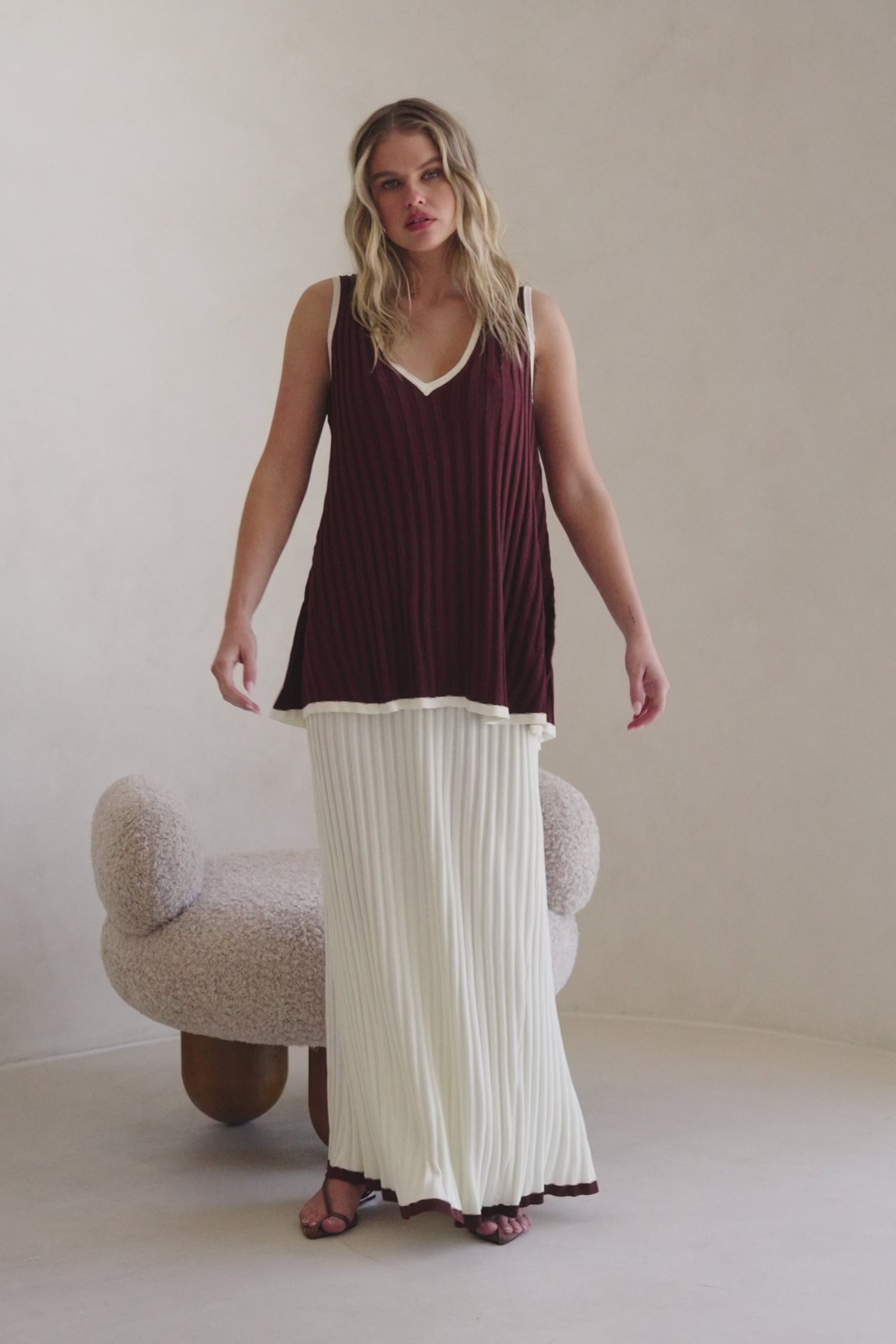 Chocolate Brown Ribbed V Neck Silla Top