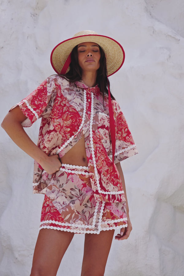 Red Floral Solafleur Print Wrap La Dolce Vita Skirt