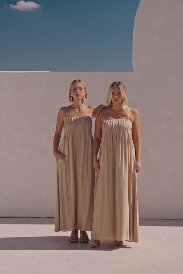 Tan Pin Tuck Pleat Maxi Ada Dress