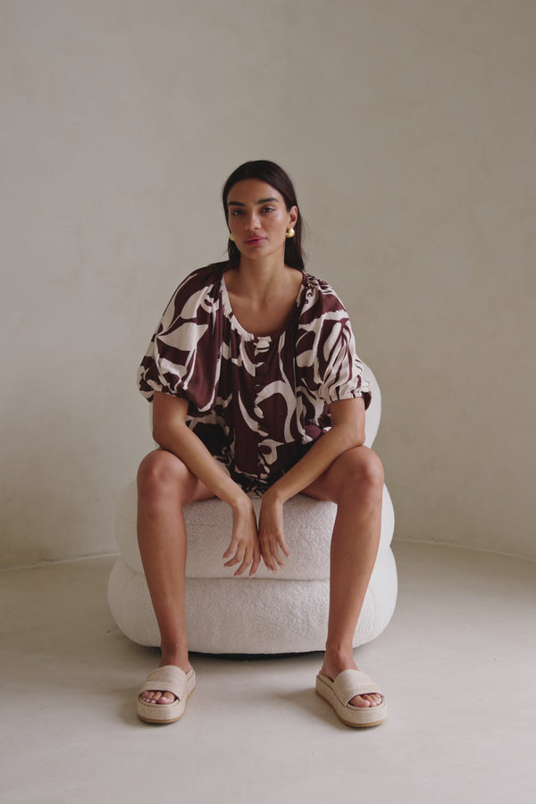 Cream and Brown Painted Tiles Print Button Scarlet Top