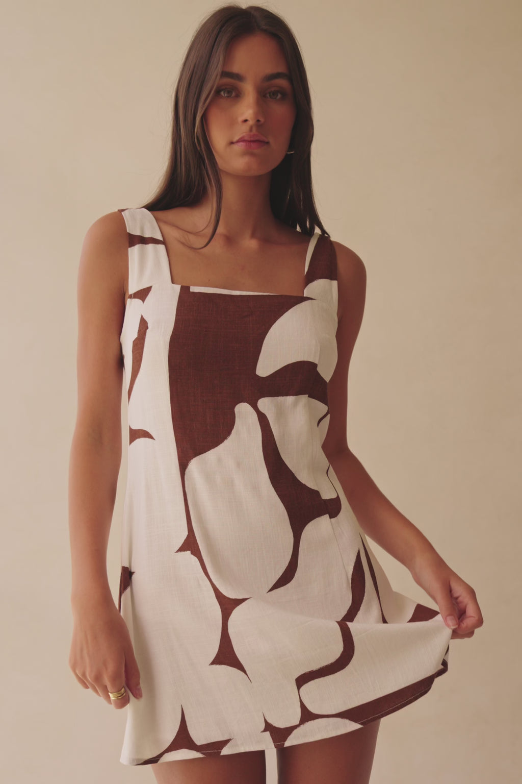 Ellis Thick Strap Cutout Tie Mini Dress - Brown, White Sunroom Chocolate Print