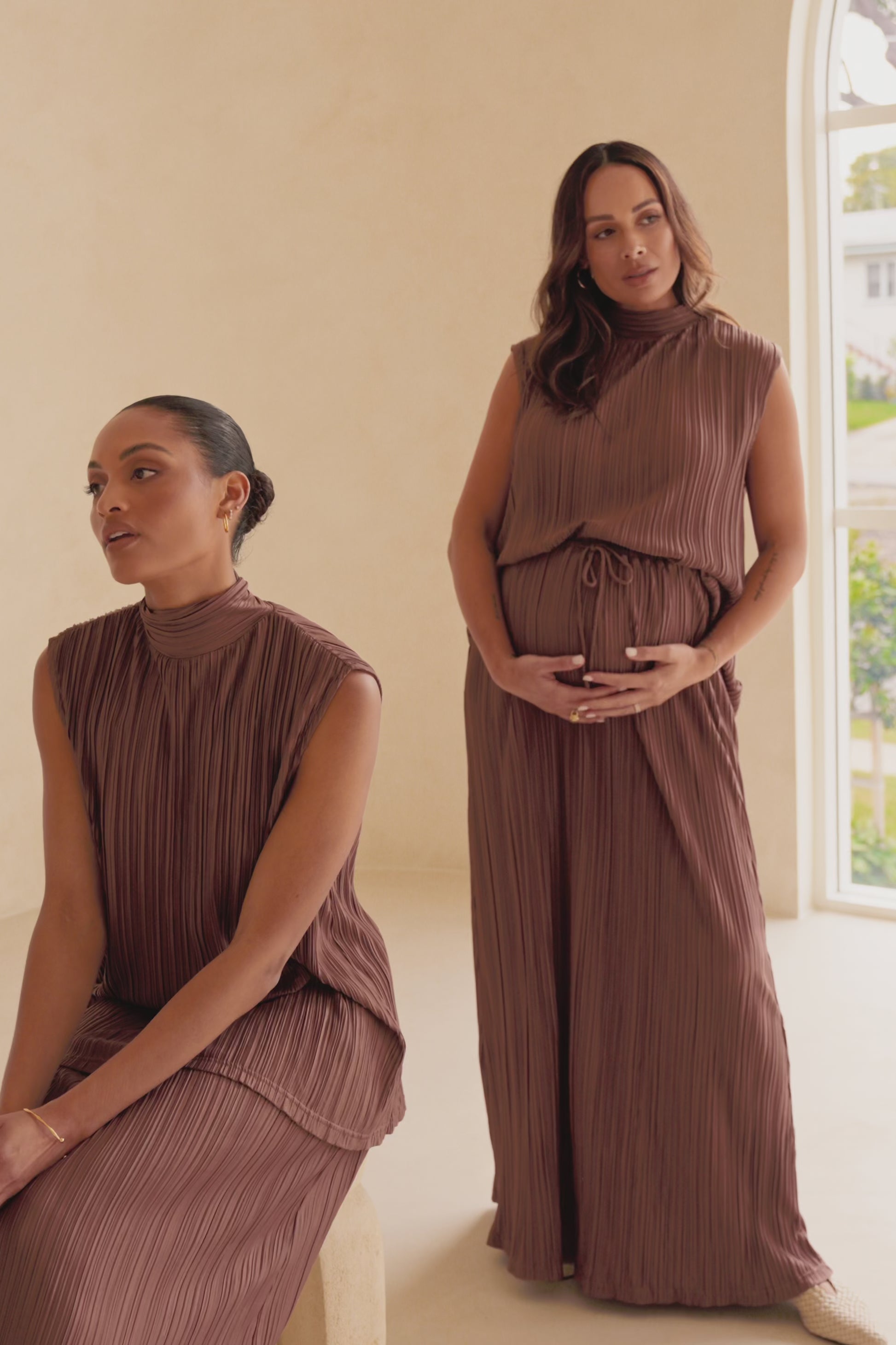 Brown Silky Pleat Turtleneck Catalyna Top