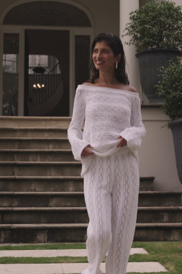 White Crochet Knit High Waist Elastic Cierra Pants