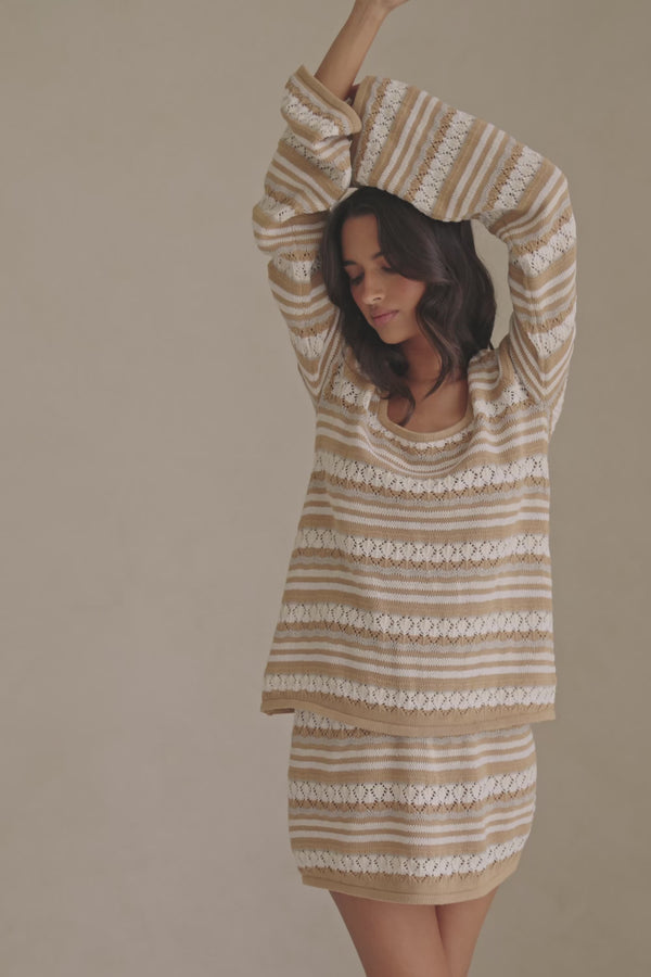 Brown Striped Knit High Waist Mini Alaiya Skirt