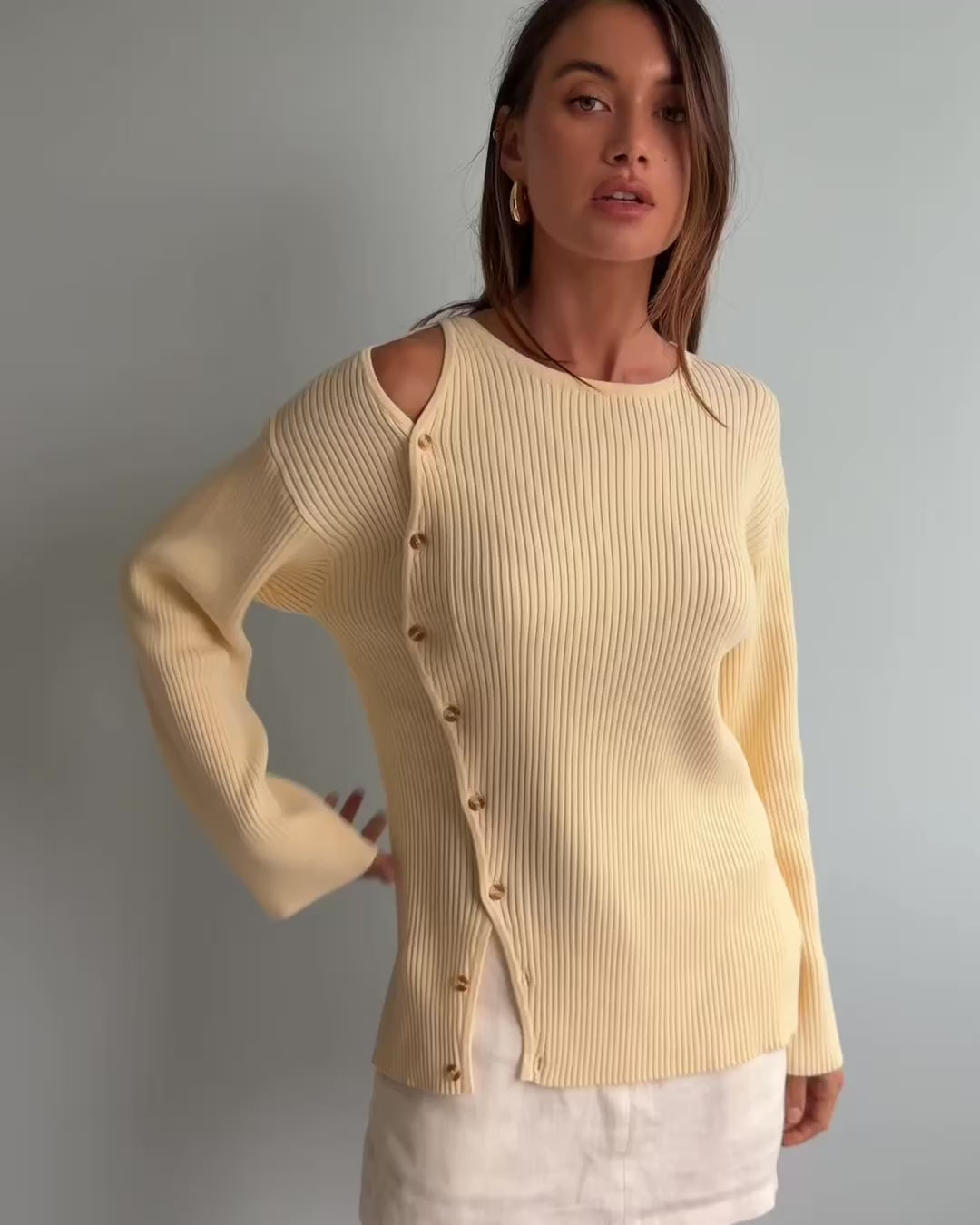 Butter Yellow Ribbed Button Asymmetric Amie Top – SABO