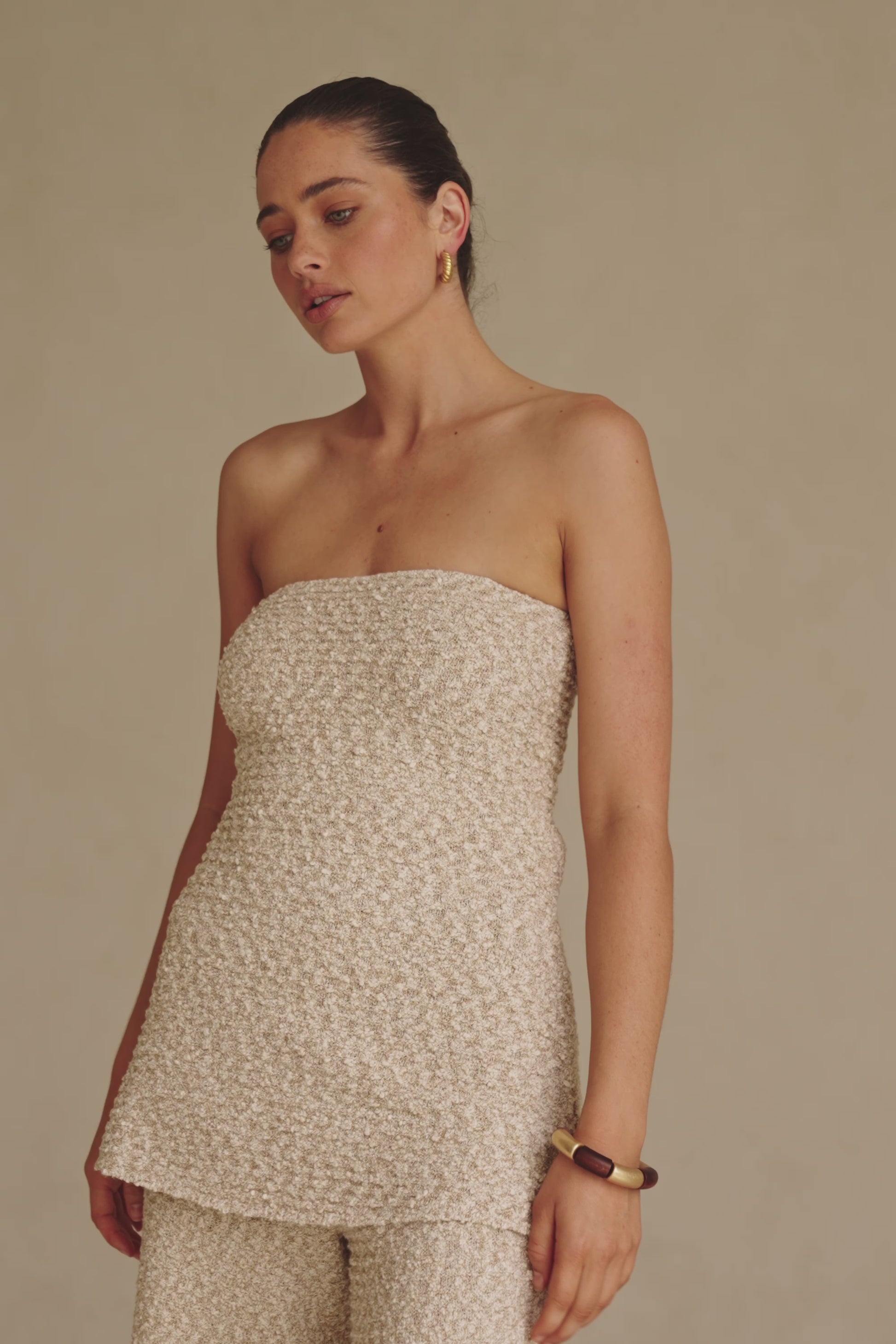 Brown and White Knit Strapless Backless Soha Top
