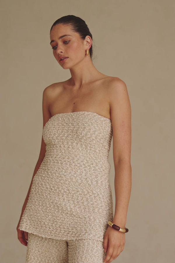 Brown and White Knit Strapless Backless Soha Top