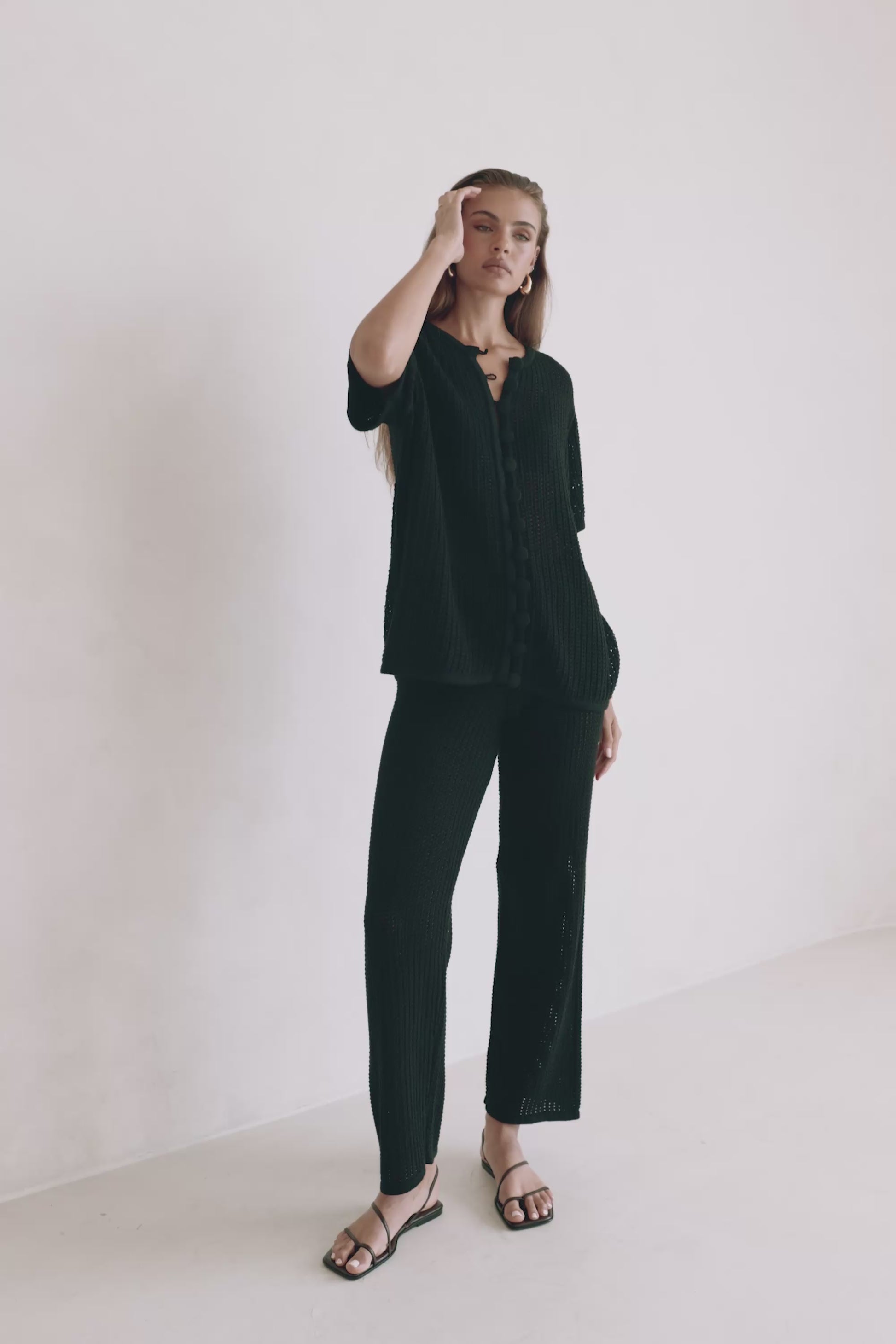 Black Knit Elastic High Waist Wide Leg Zayna Pants