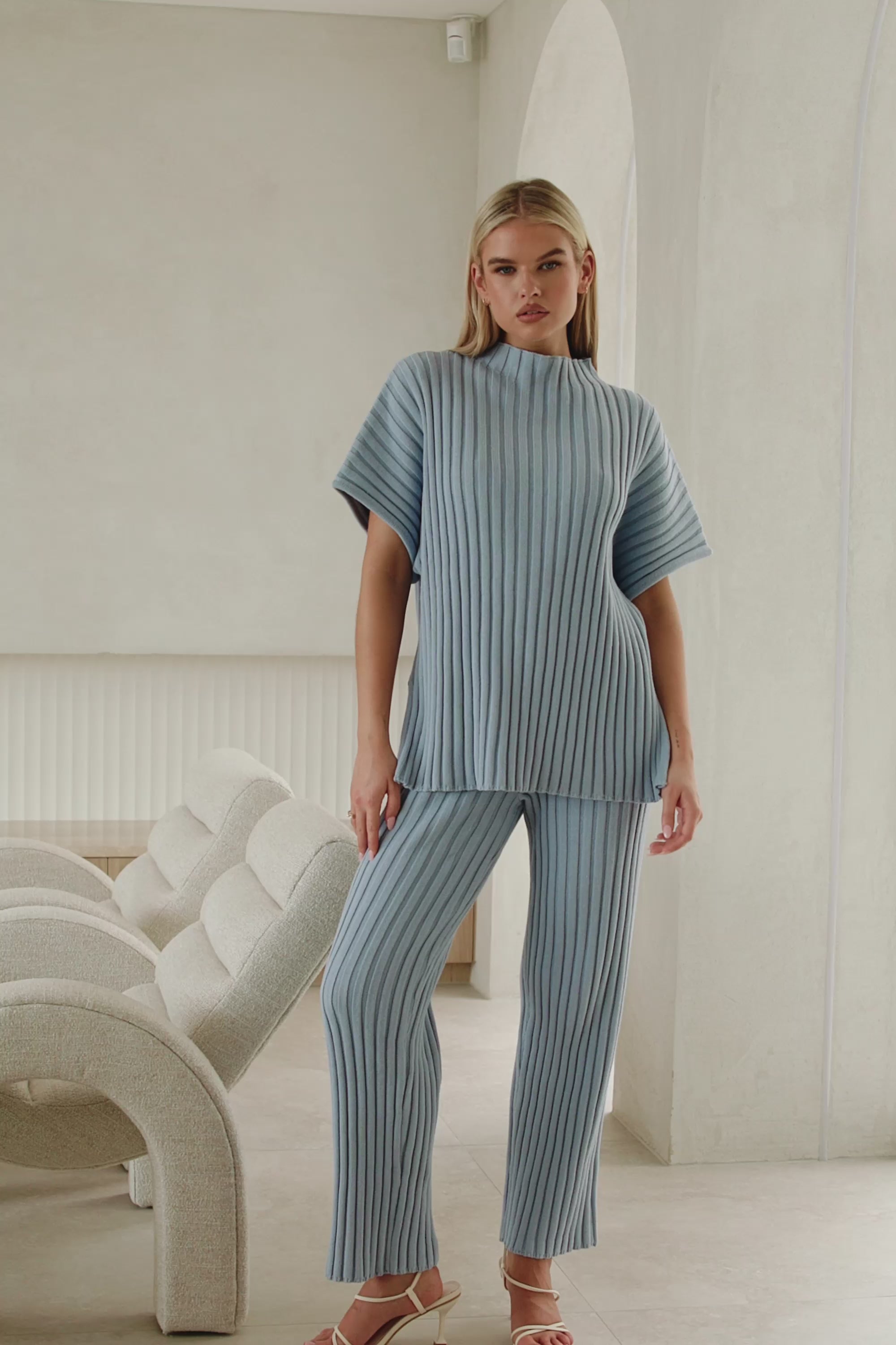 Blue Ribbed Knit High Waist Elastic Celine Pants