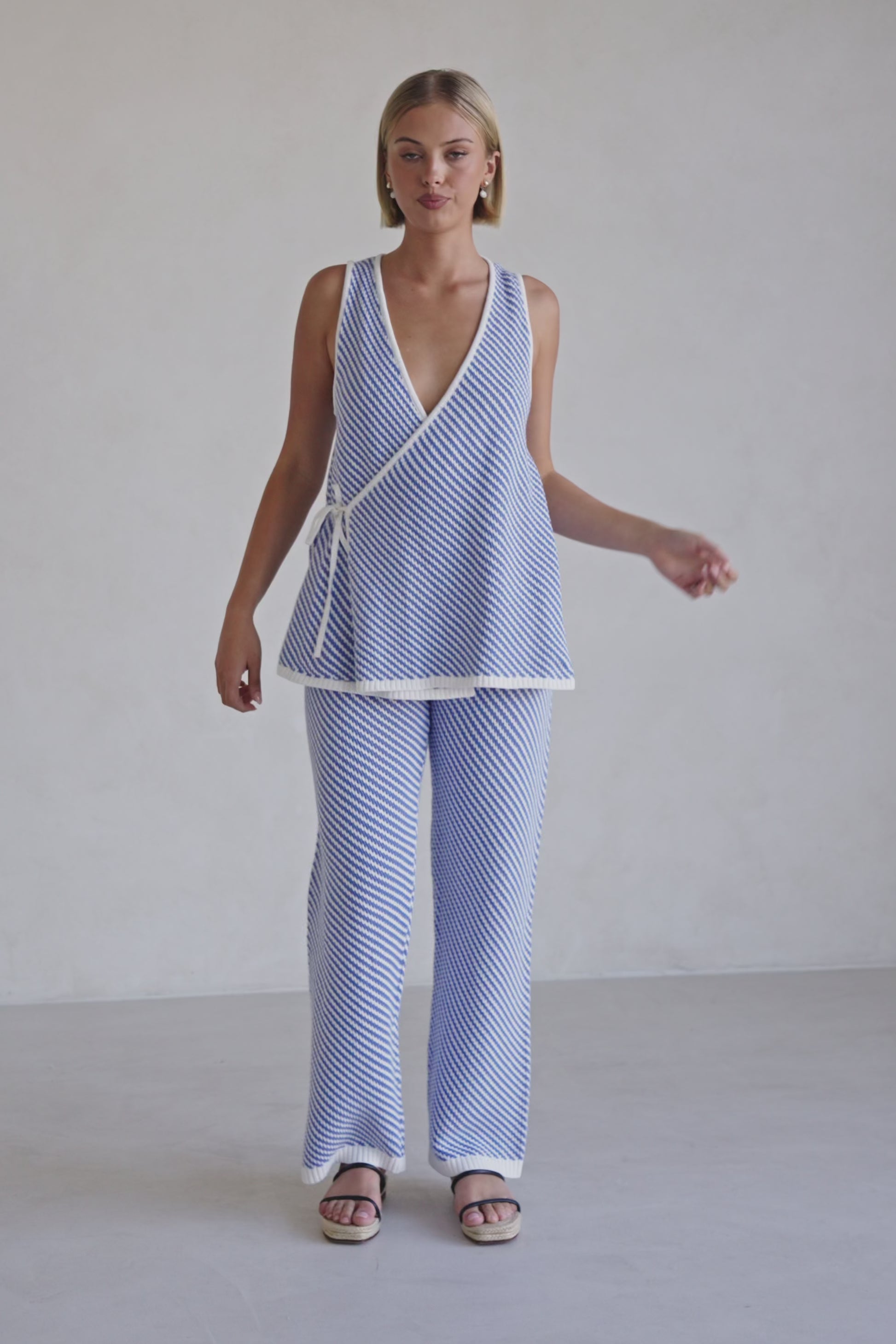 Blue and White Stripe Woven Wrap Billy Top