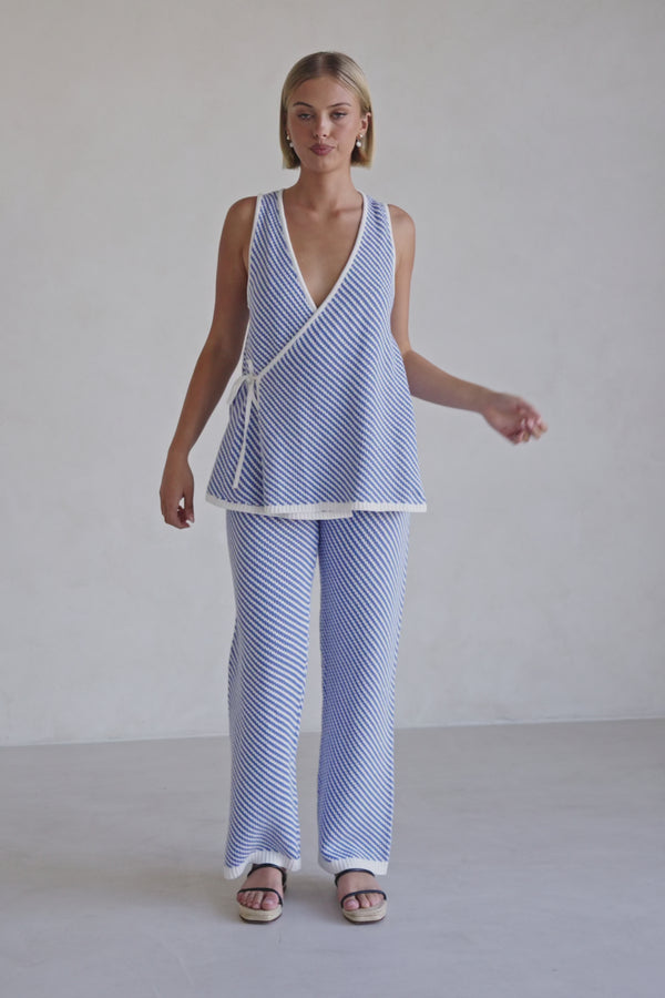 Blue and White Stripe Woven Wrap Billy Top