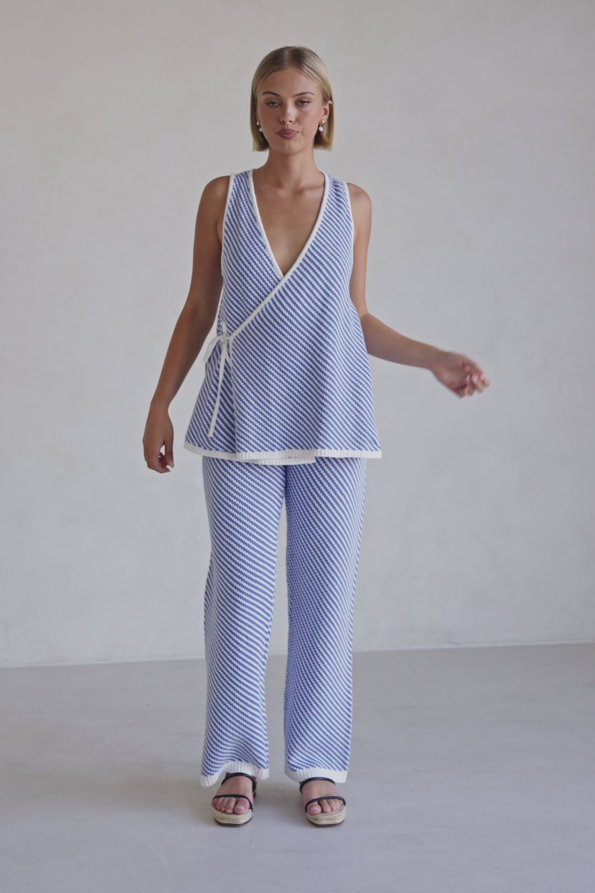 Blue and White Stripe Woven Wrap Billy Top