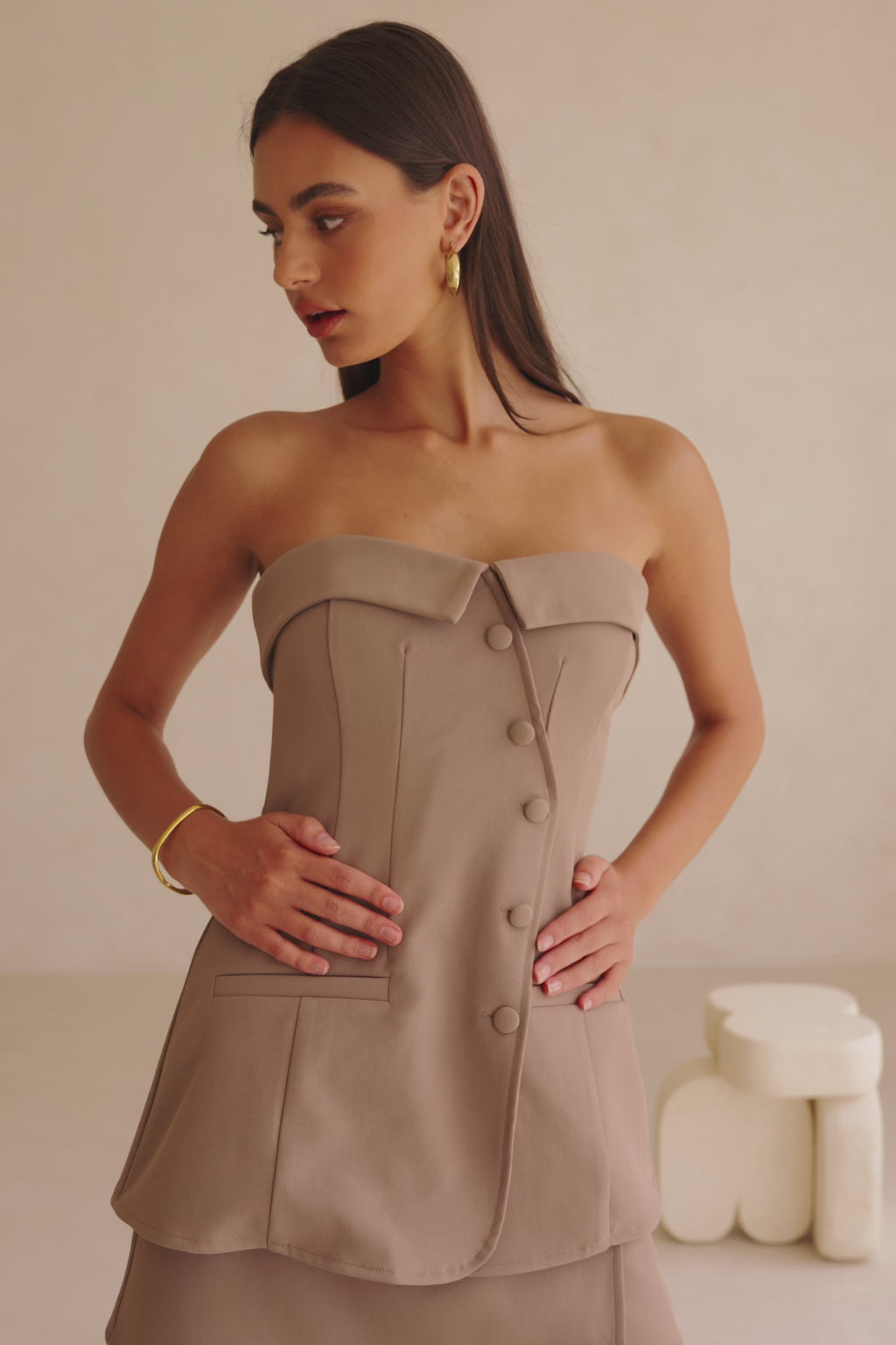 Brown Tailored Strapless Button Up Wrap Lavara Top