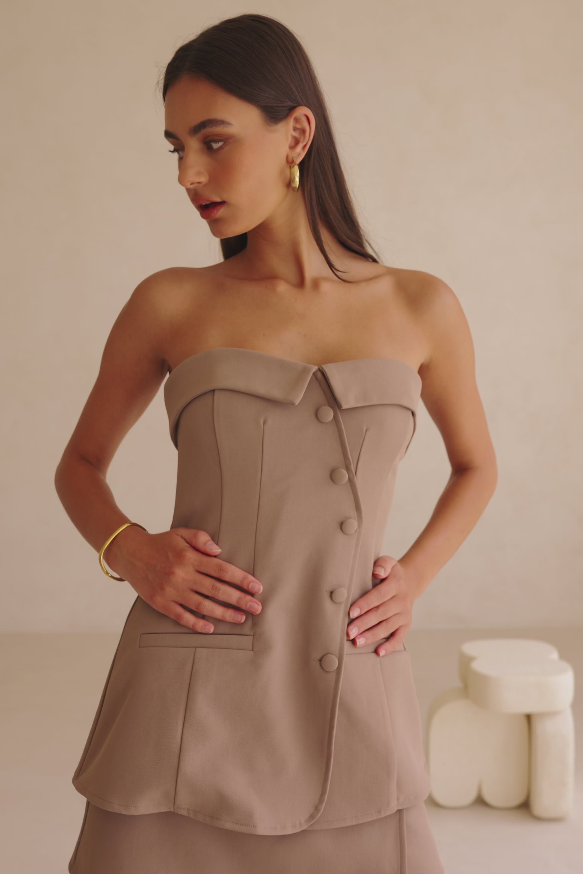 Brown Tailored Strapless Button Up Wrap Lavara Top