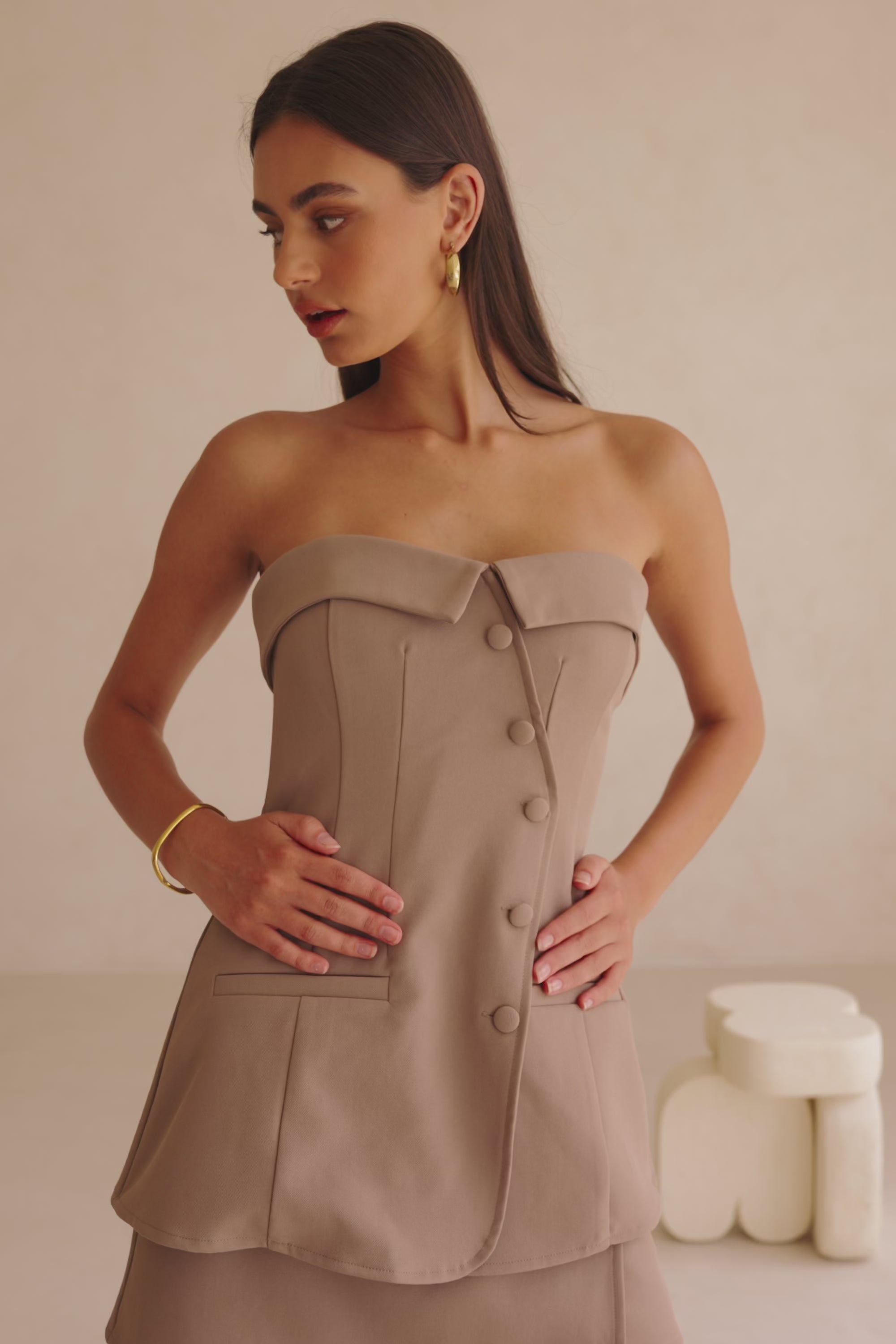 Brown Tailored Strapless Button Up Wrap Lavara Top