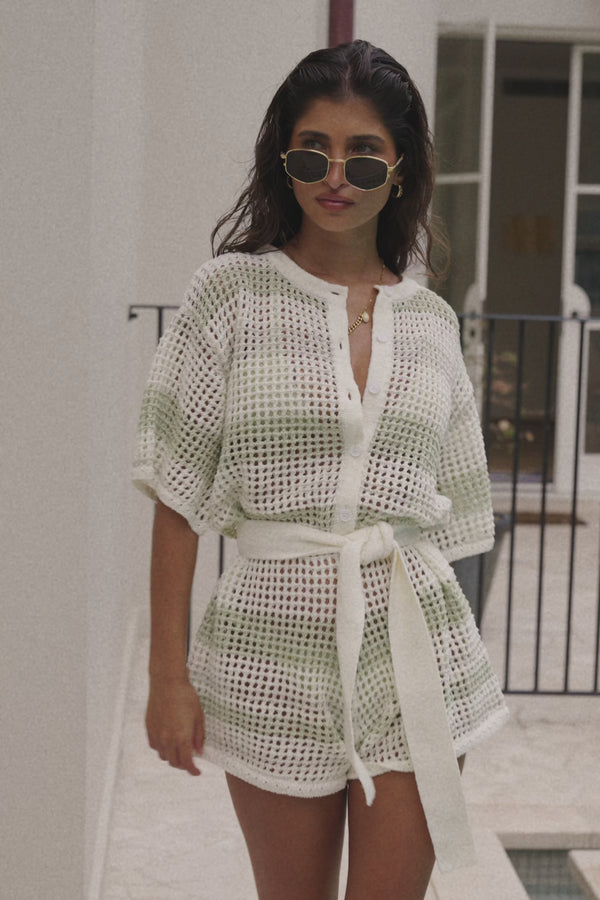 Easton Short Sleeve Button Up Knit Playsuit - Cream, Green Grey Stripe