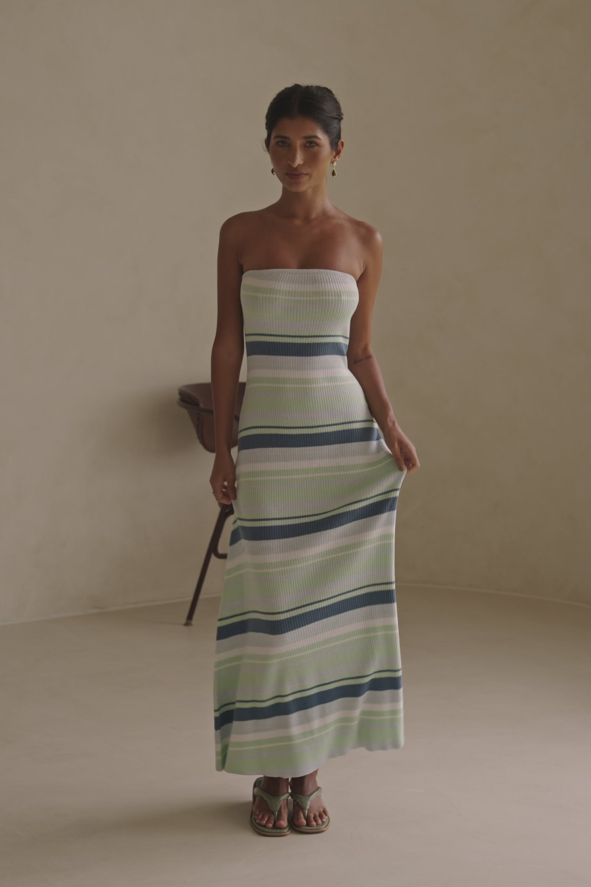 Green and White Stripe Strapless Maxi Anya Dress