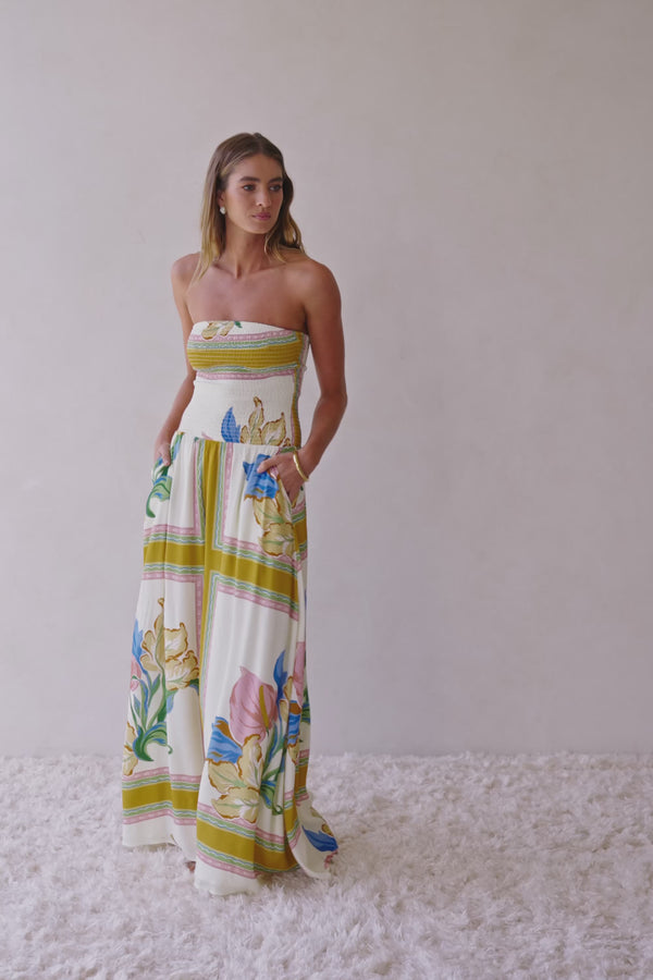 White and Yellow Botanique Strapless Maxi Fia Dress