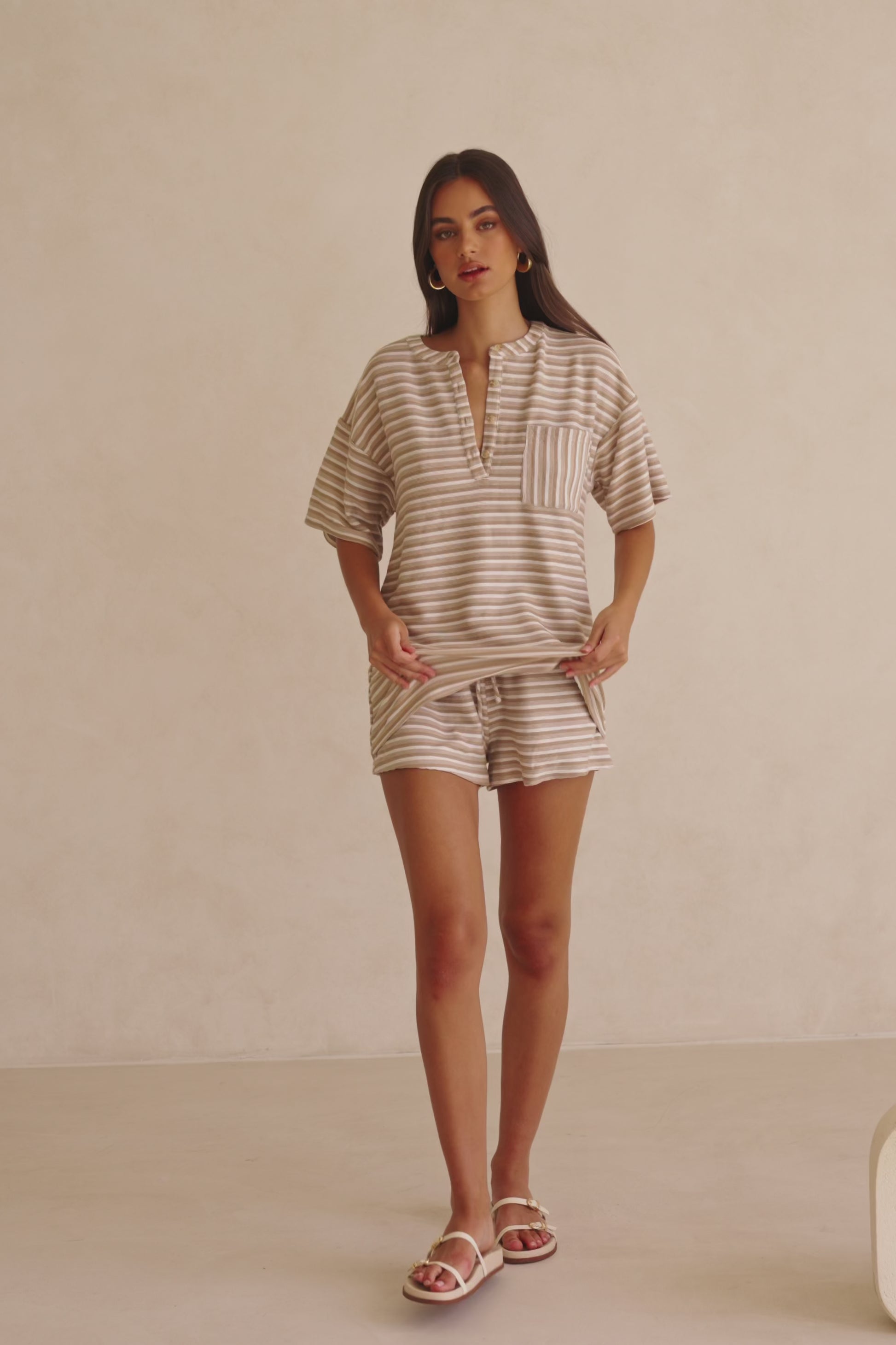 Tan Textured Short Sleeve Button Detail Rhi Top