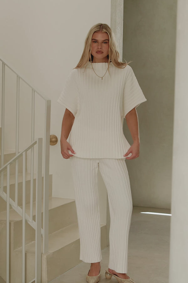 White Ribbed Knit High Waist Elastic Celine Pants
