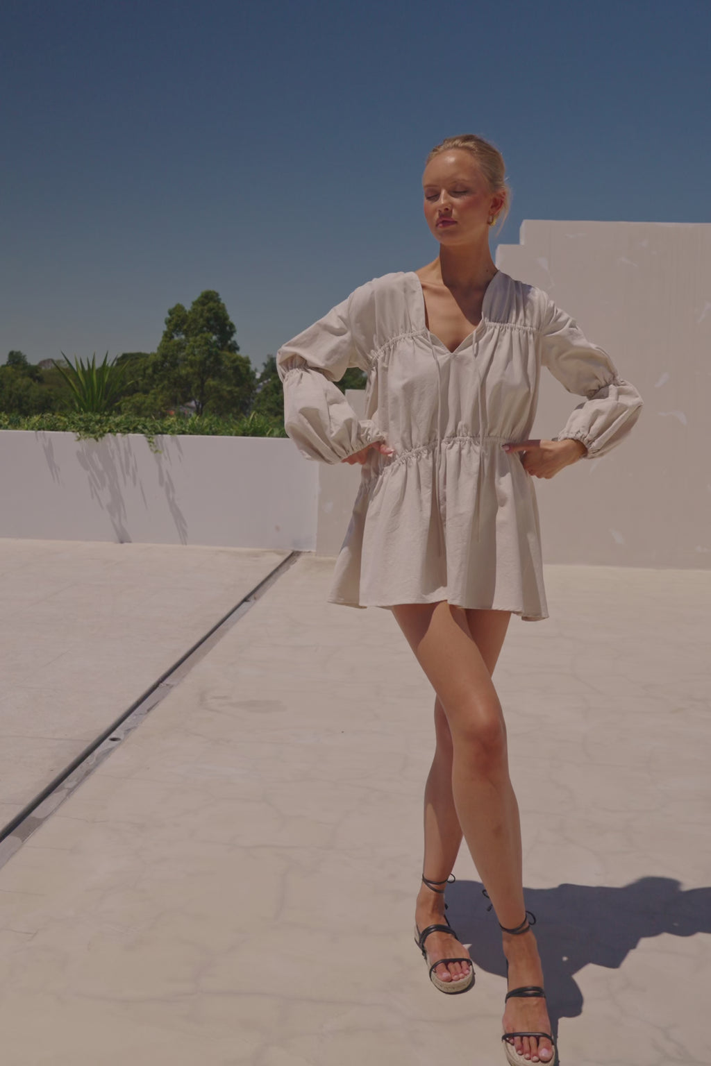 Ava Flounce Long Sleeve Mini Tie Dress - Beige