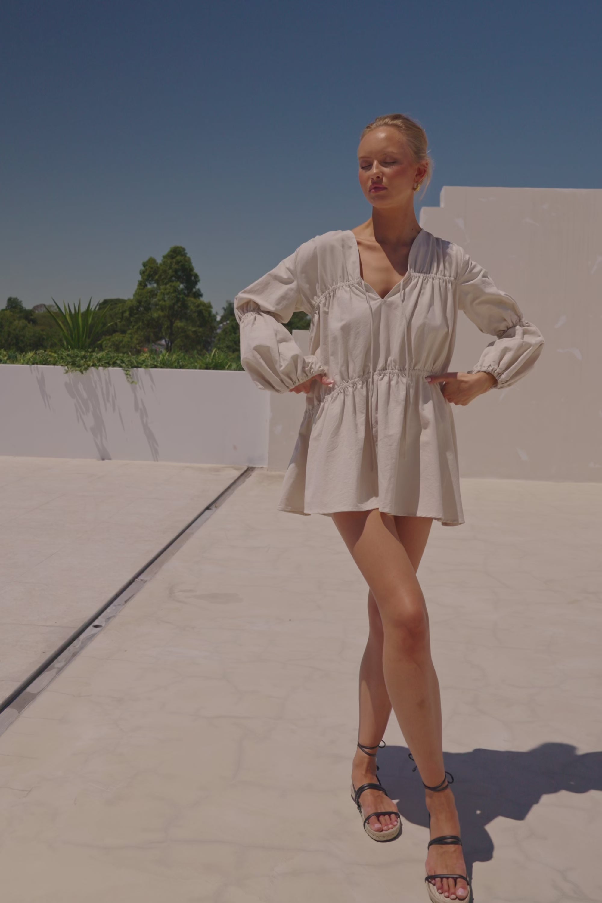 Ava Flounce Long Sleeve Mini Tie Dress - Beige