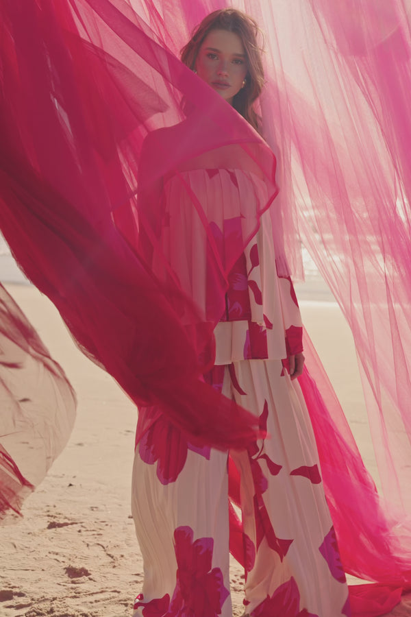 Pink Sole Rosa Print Strapless Pleated Antalya Top