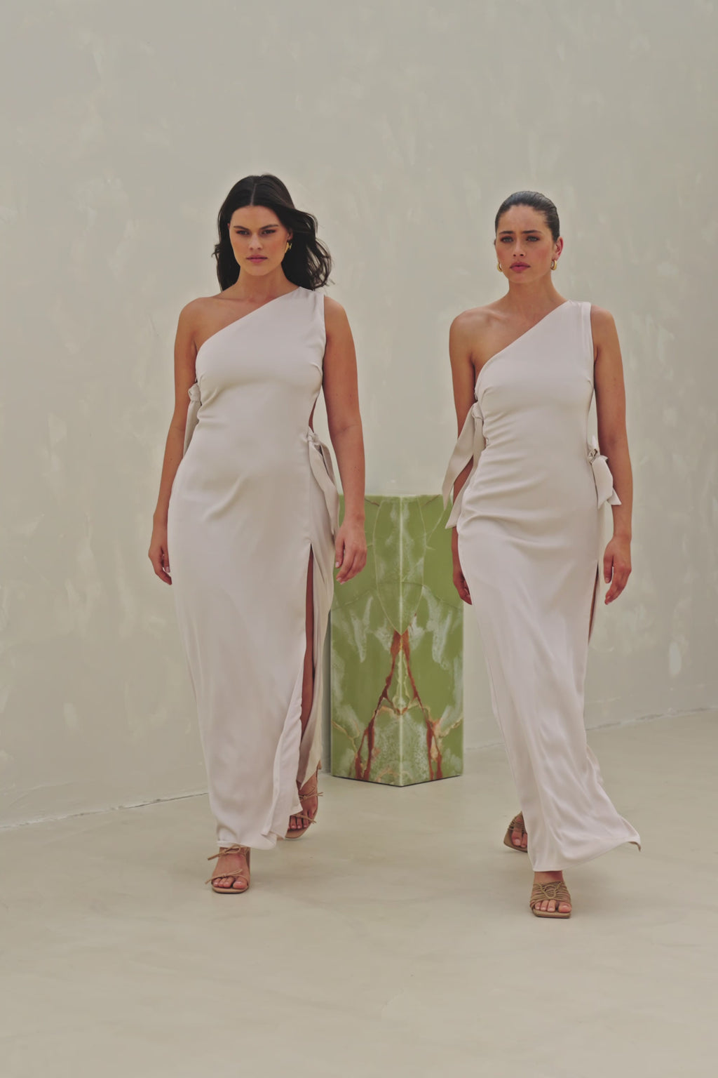 Beige Silky One Shoulder Tie Split Tavia Maxi Dress