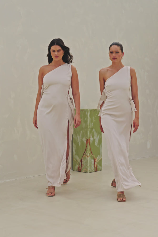 Beige Silky One Shoulder Tie Split Tavia Maxi Dress