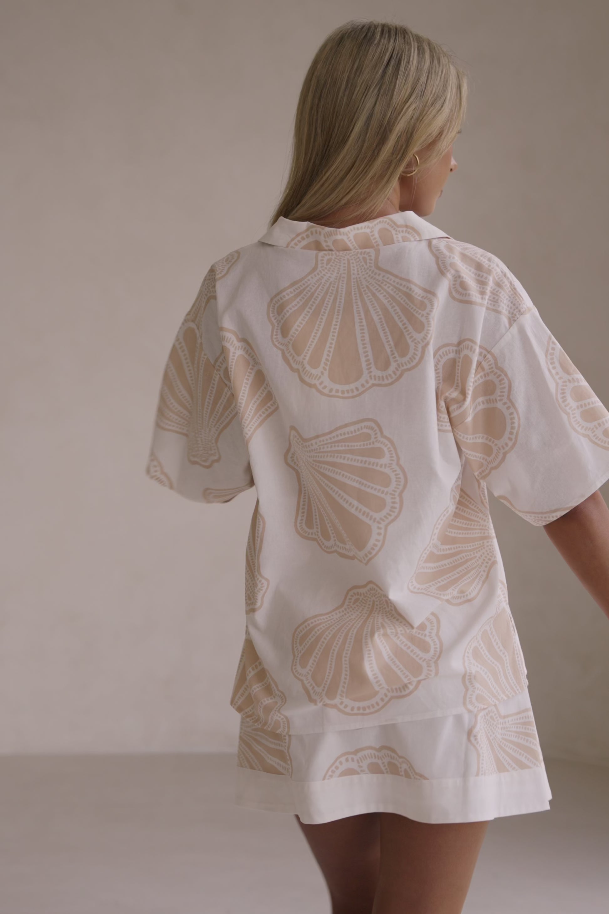 Celestia Mini Button Skirt - White, Pink Coastal Shell Print