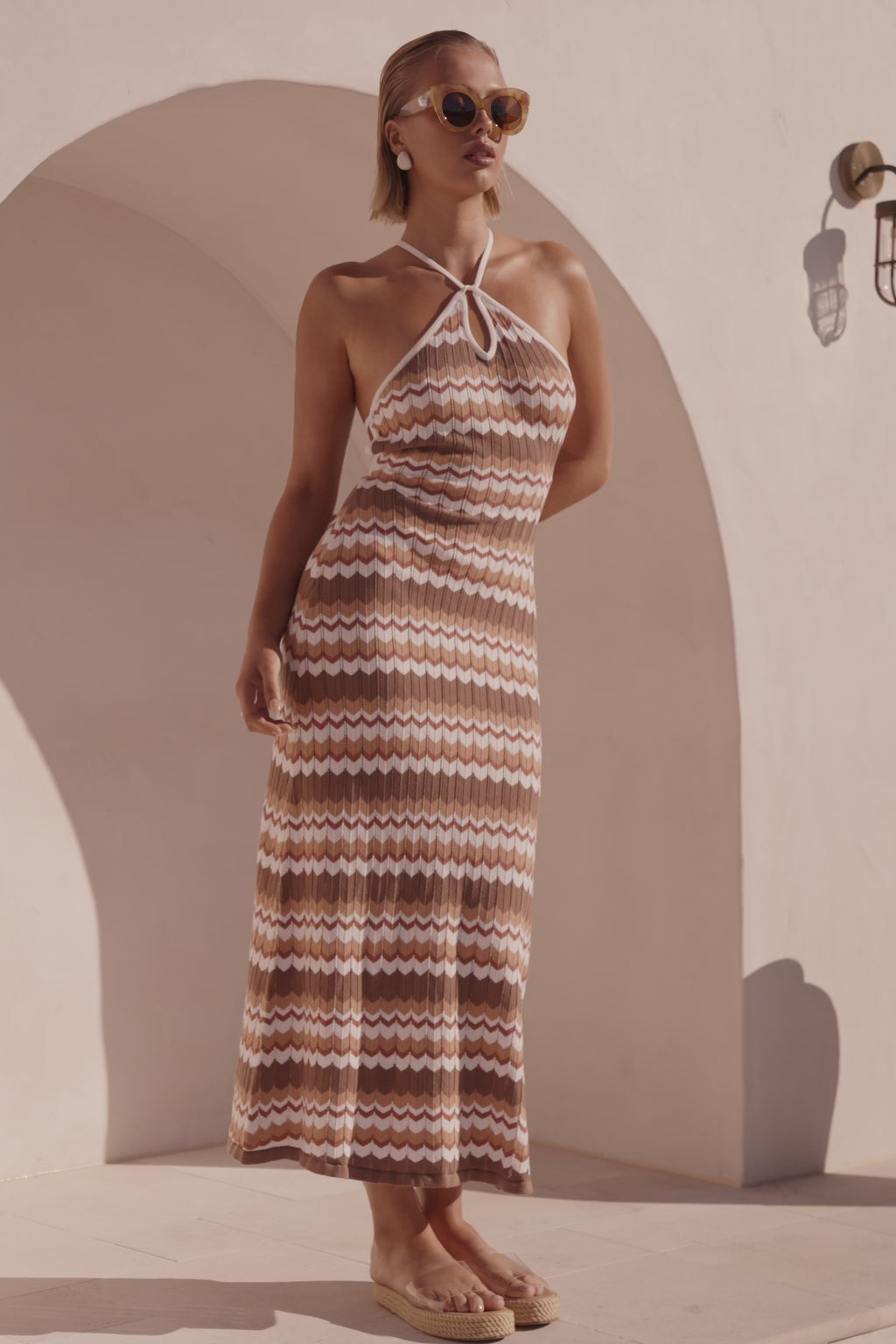 Brown and Tan Zig Zag Stripe Halter Maxi Bexley Dress