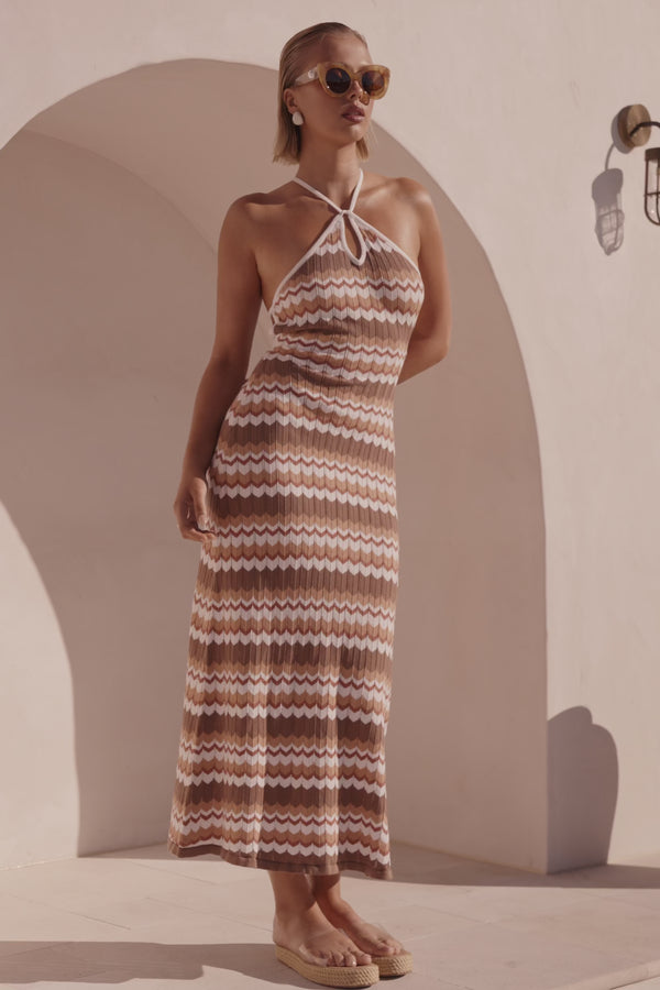 Brown and Tan Zig Zag Stripe Halter Maxi Bexley Dress