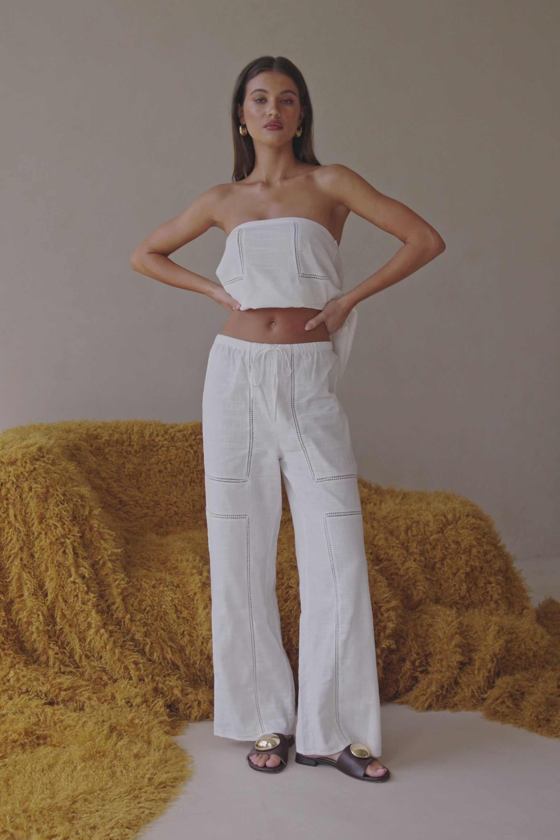 White Cheesecloth Elastic Drawstring Carissa Pants