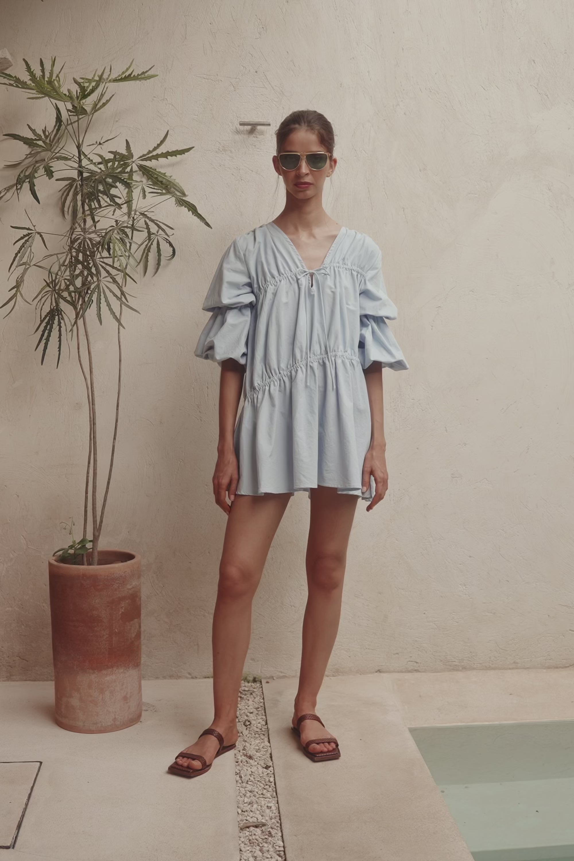 Ava Flounce Long Sleeve Mini Tie Dress - Blue